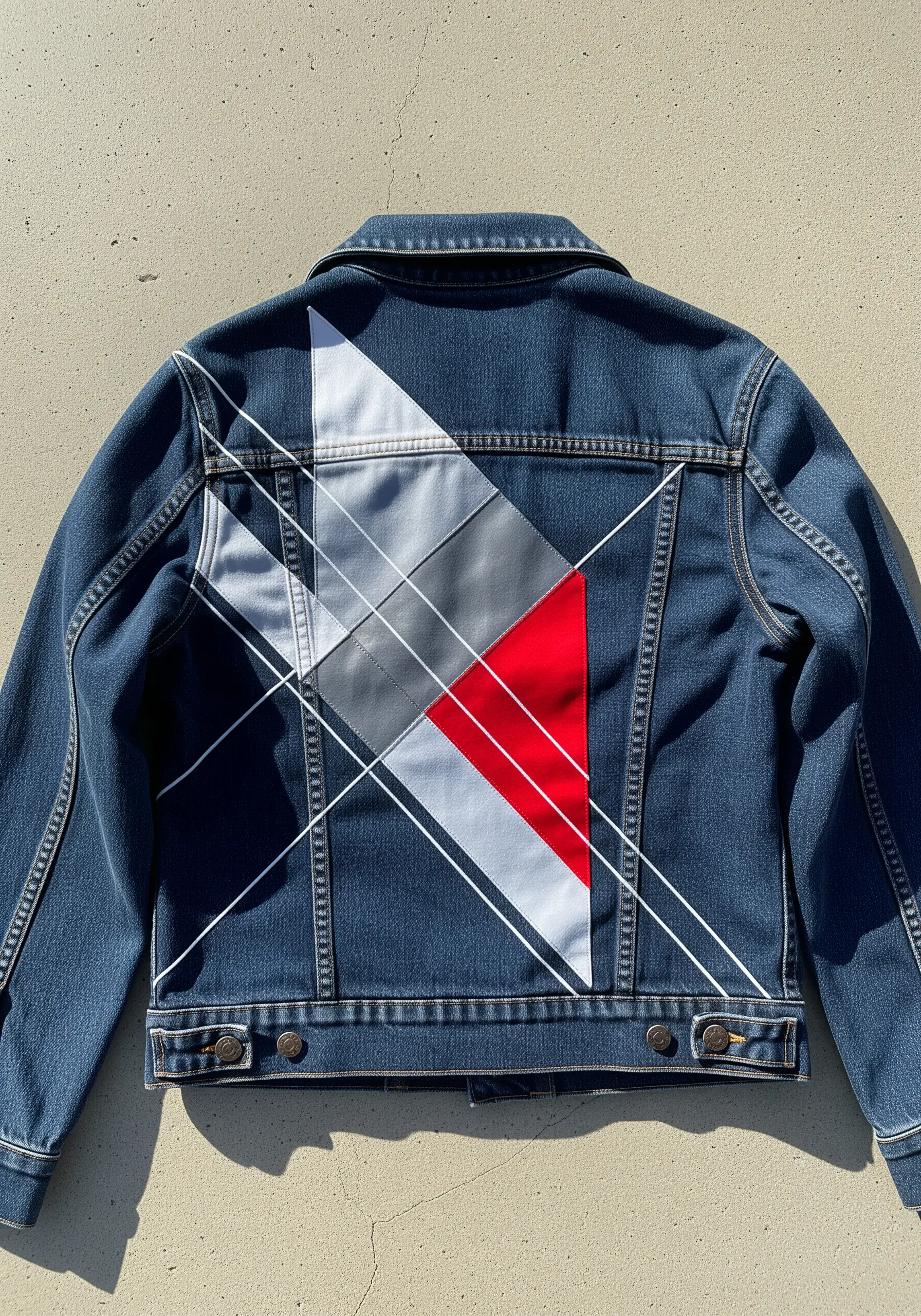Geometric appliqué with white intersecting lines stitched over the top on a denim jacket.