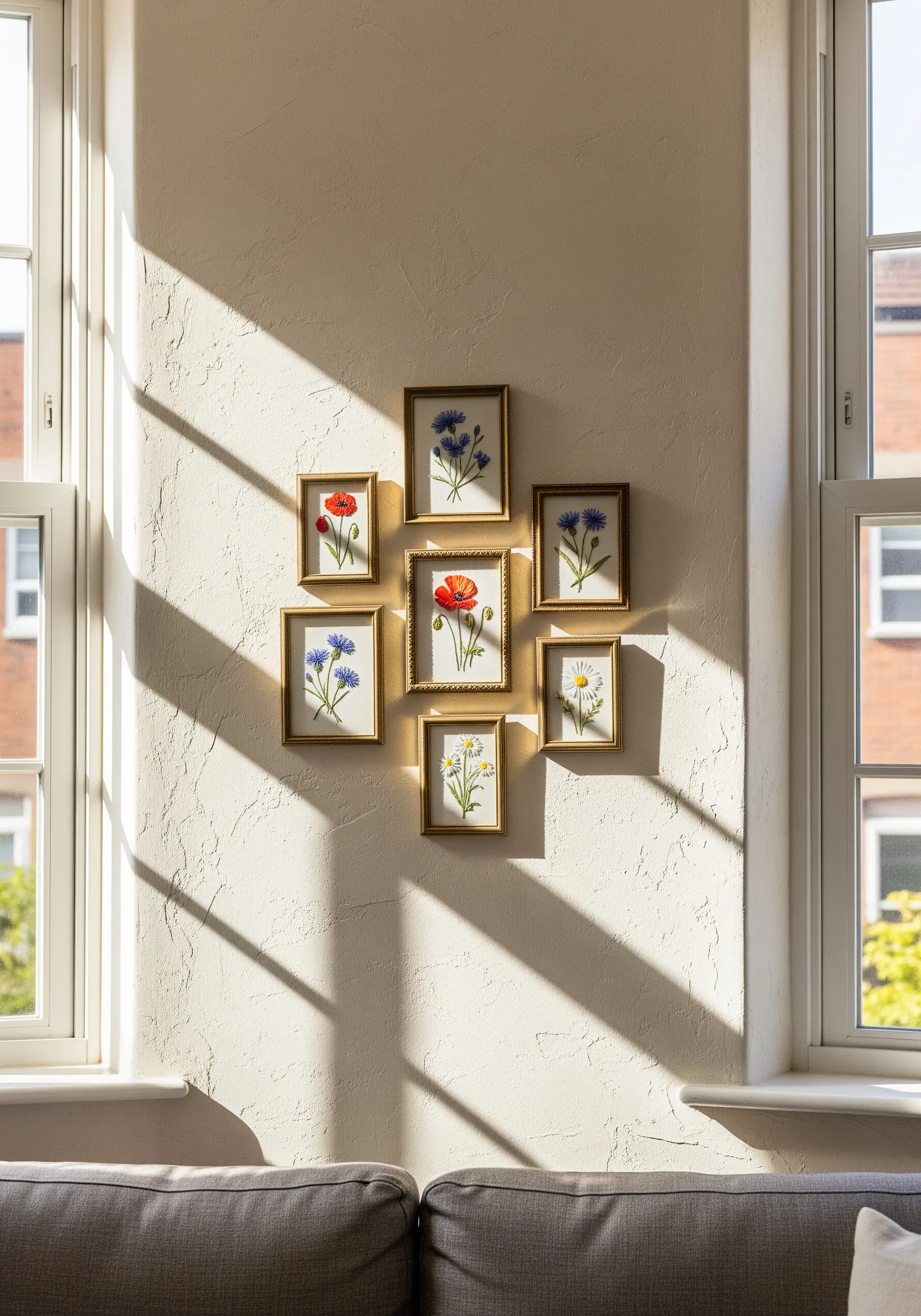 A gallery wall of seven small, gold-framed floral embroideries in a sunlit living room.