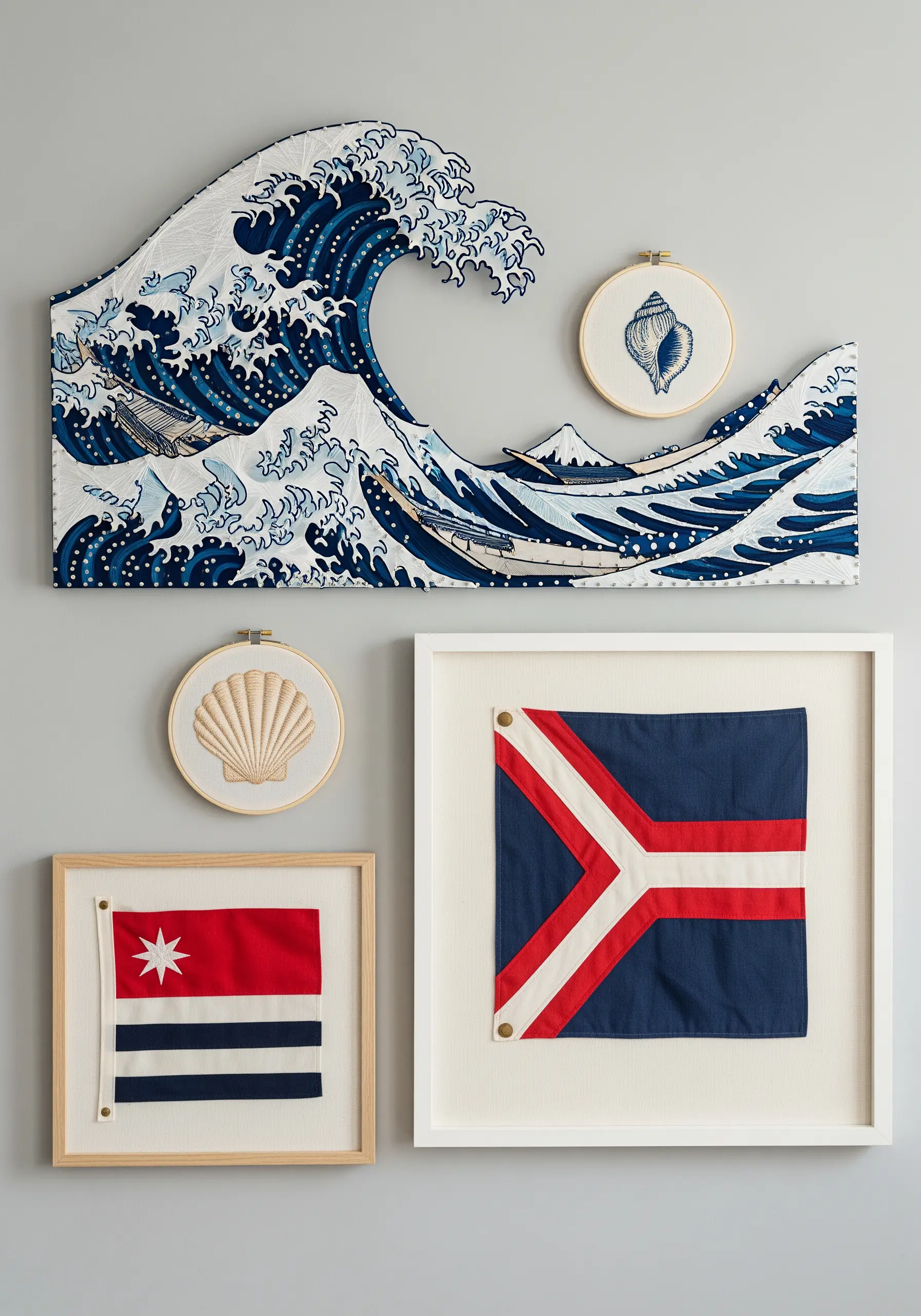 A gallery wall with various nautical-themed art pieces, including embroidered hoops and framed flags.