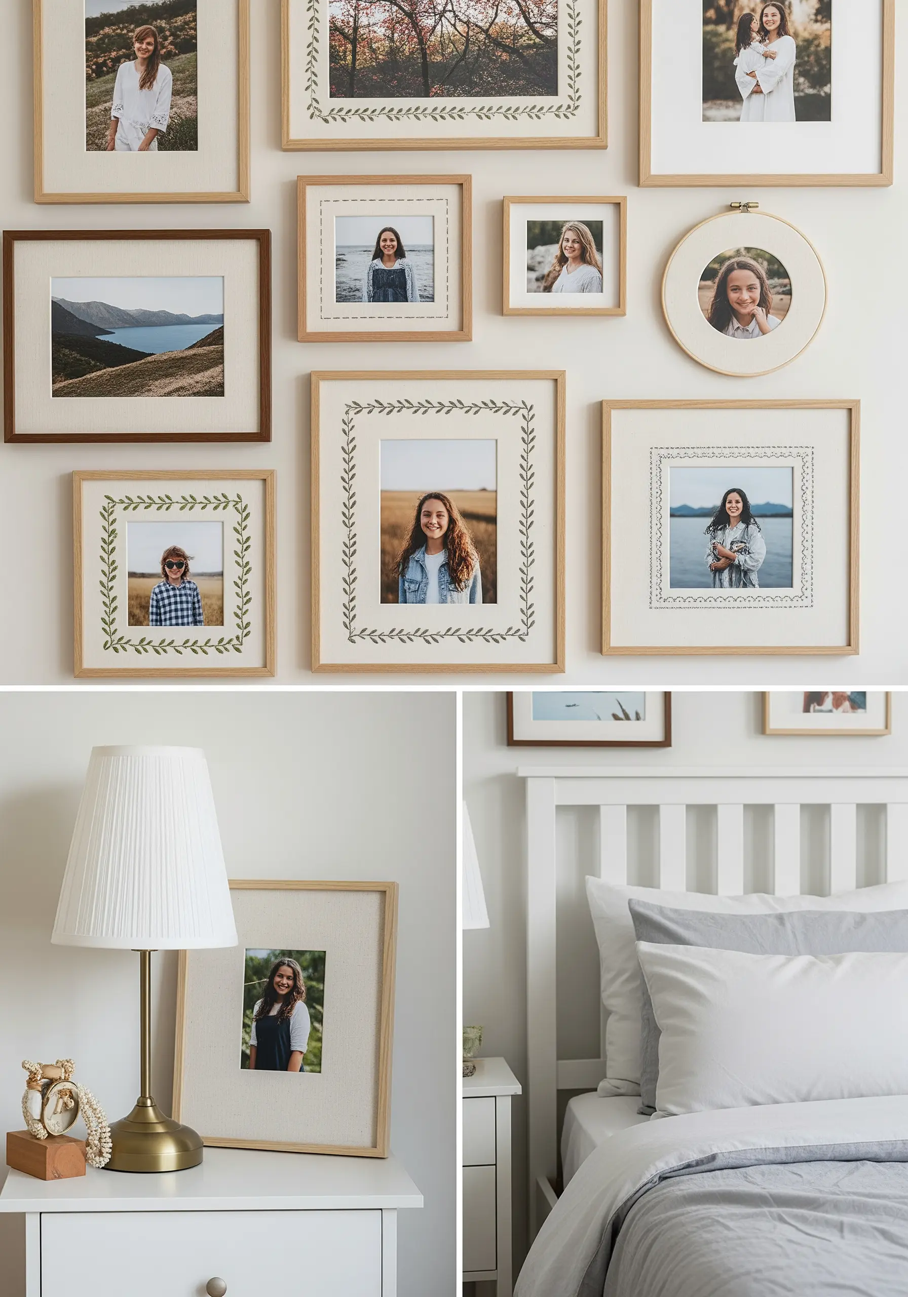 A gallery wall where photo frames have fabric mats embroidered with green leafy borders.