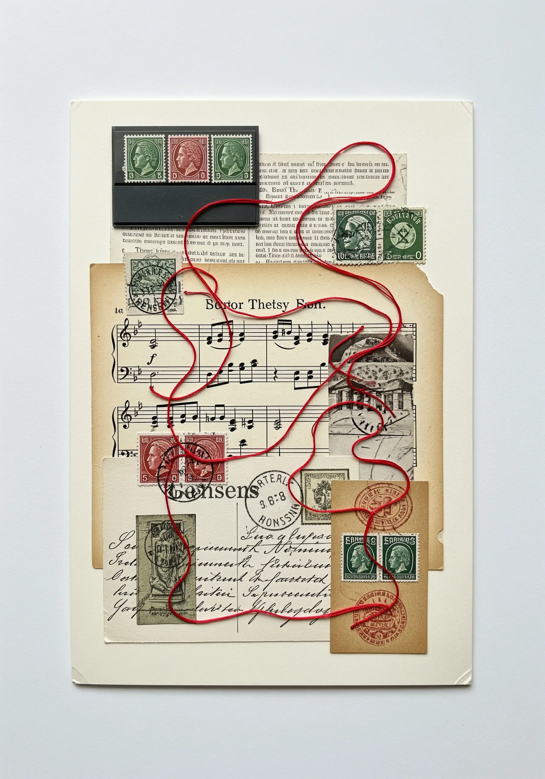 A paper collage of sheet music and stamps is unified by a bold, couched red yarn outline.