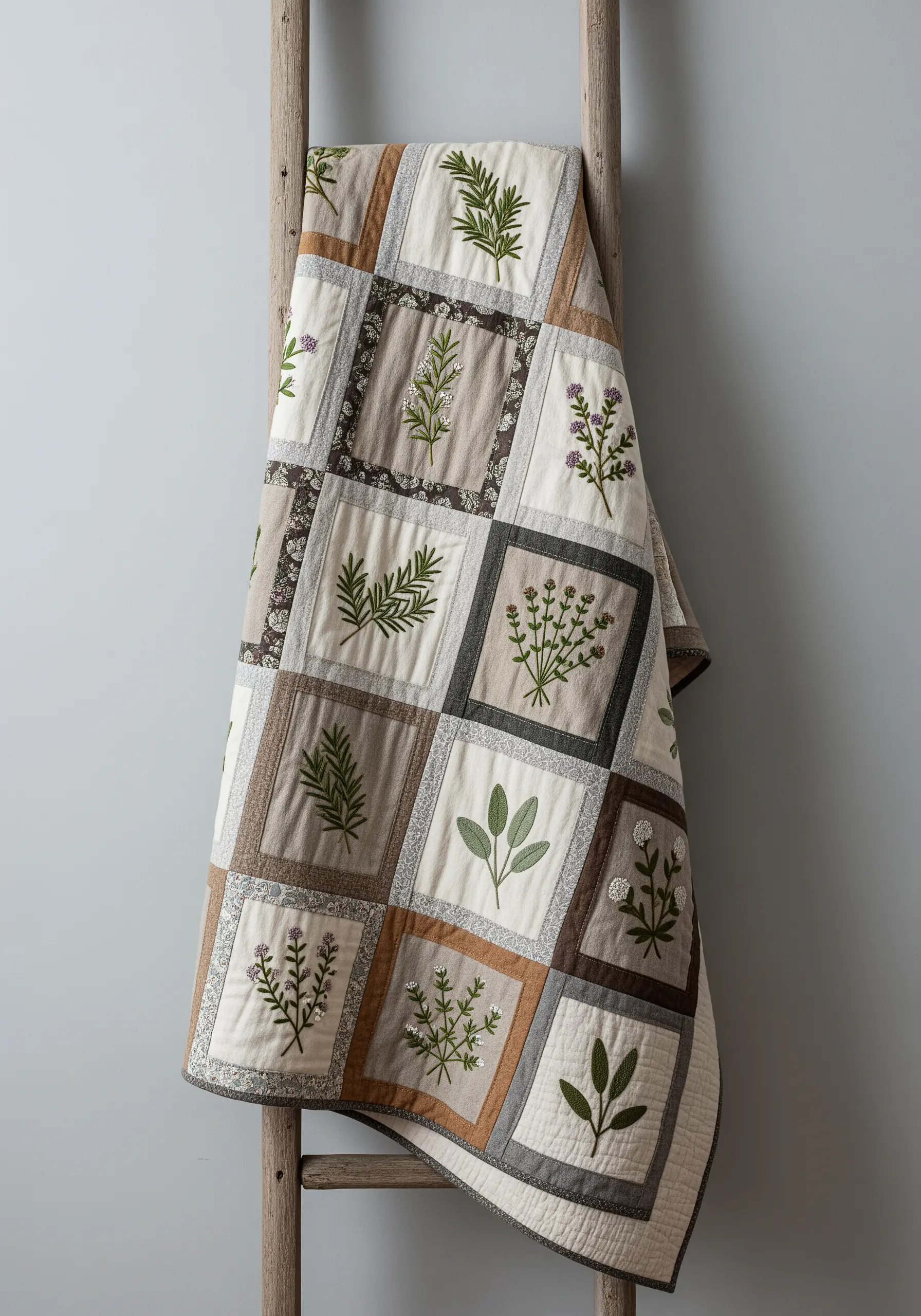 A patchwork quilt with different botanical embroidery designs in each square.
