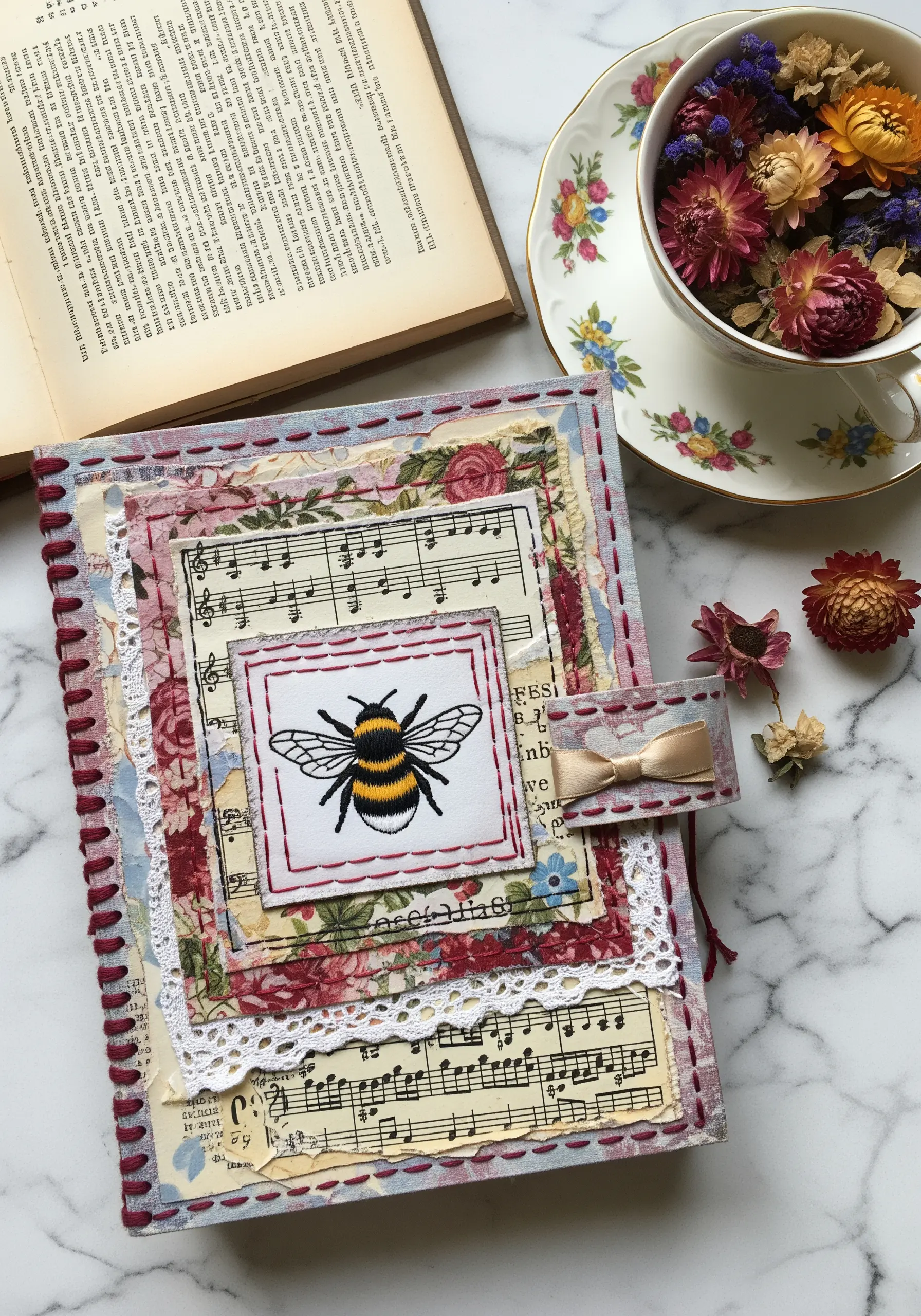 A layered junk journal cover with floral fabric, sheet music, and a central bee embroidery.
