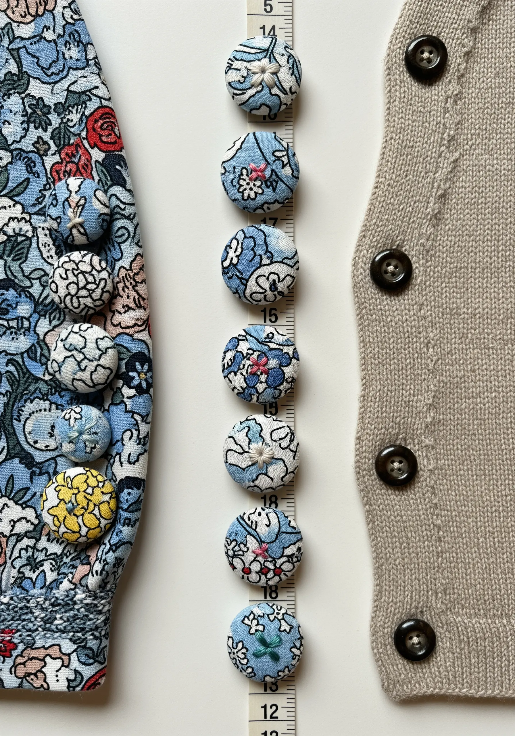 Custom buttons covered in floral fabric, coordinating with a sleeve and replacing old buttons.