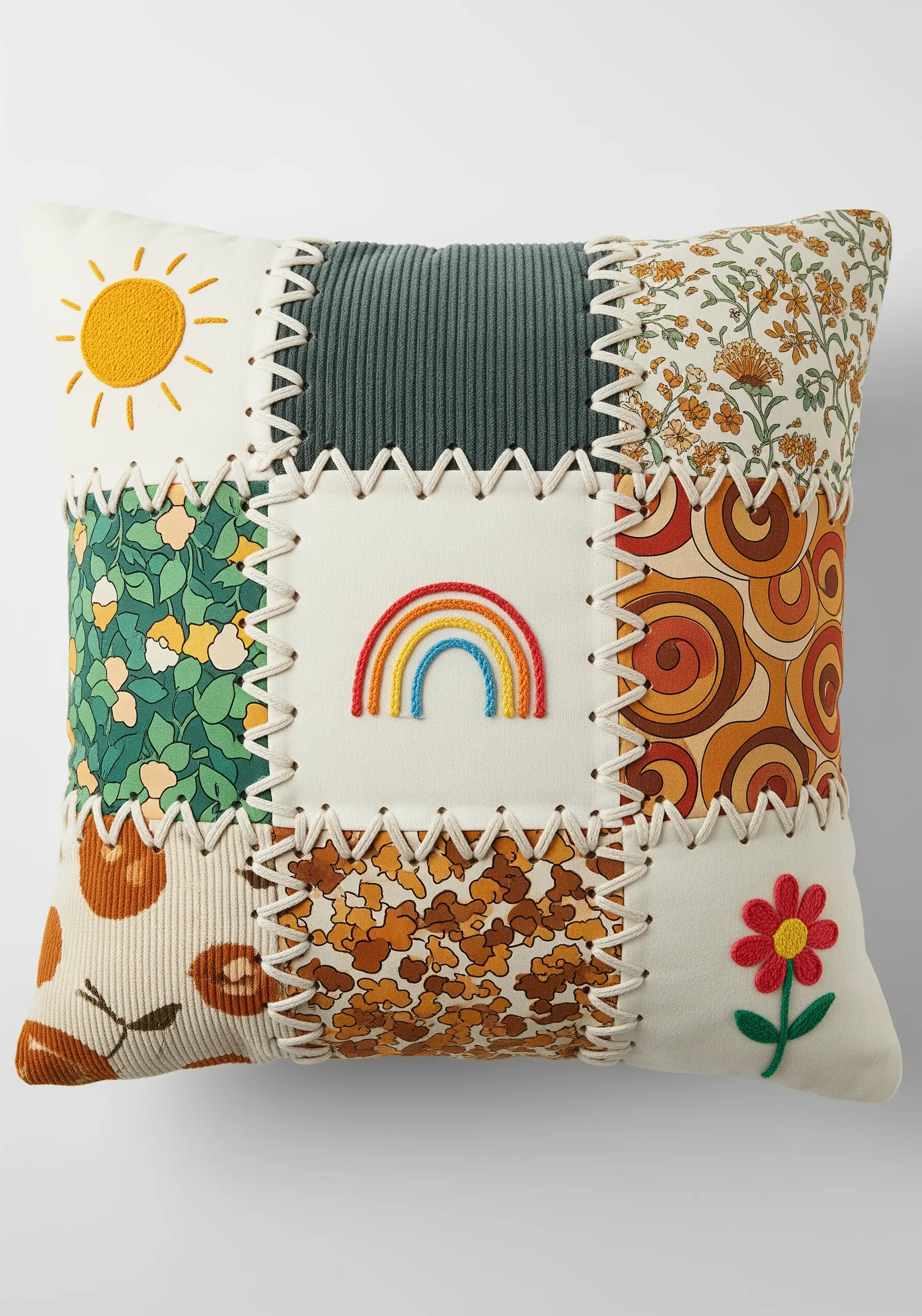 A patchwork pillow with different fabrics joined by visible white blanket stitches.