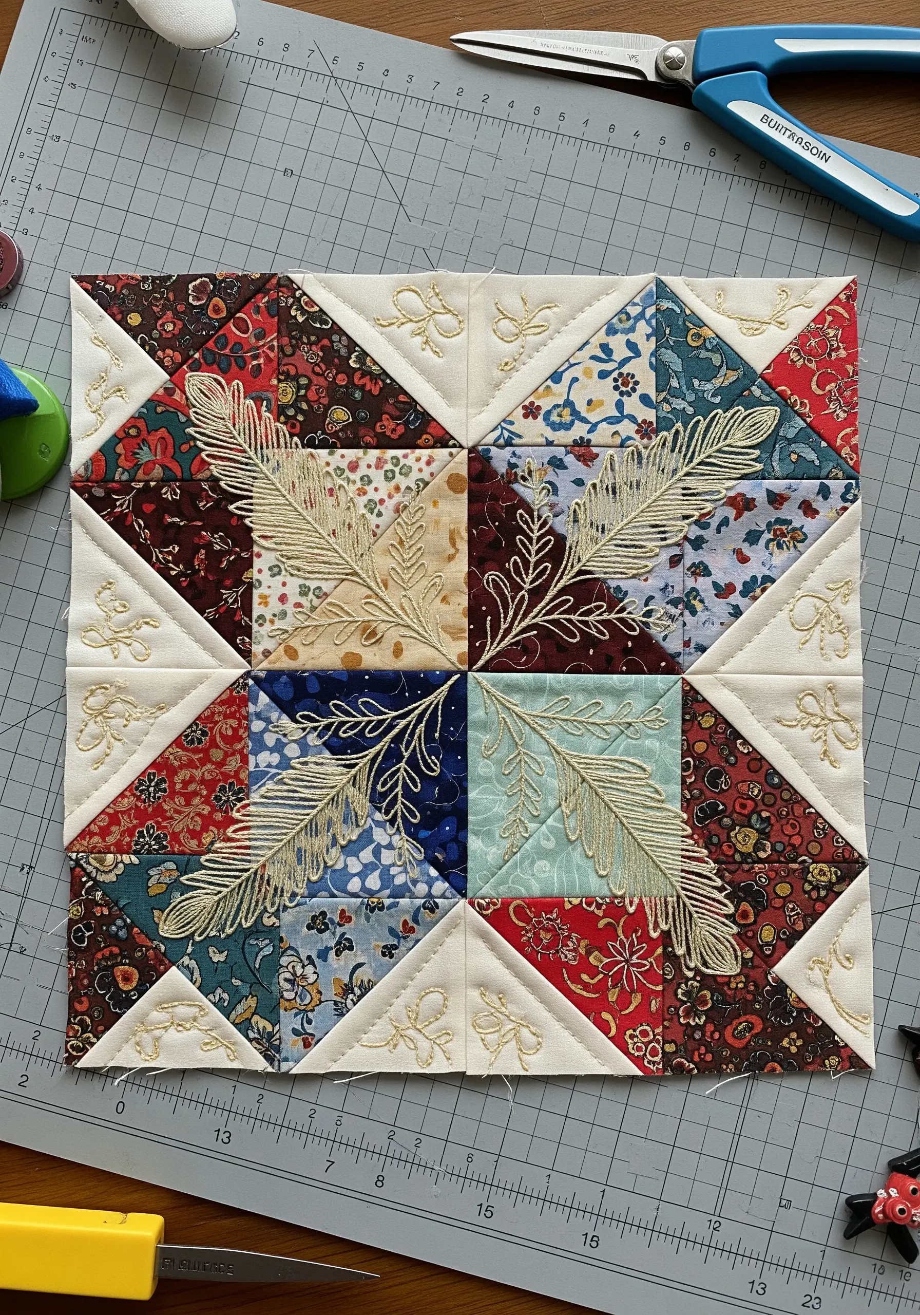 A patchwork quilt block with elegant, feathered vine embroidery stitched over the top.