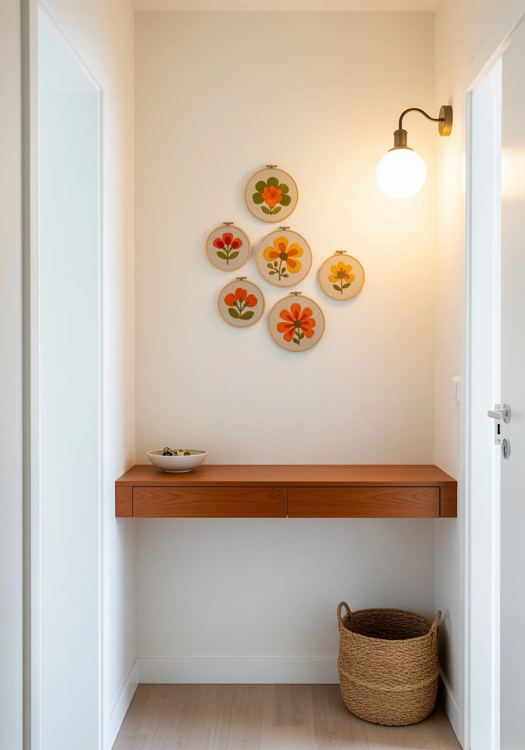 A collection of six retro-style floral embroidery hoops arranged on a white wall