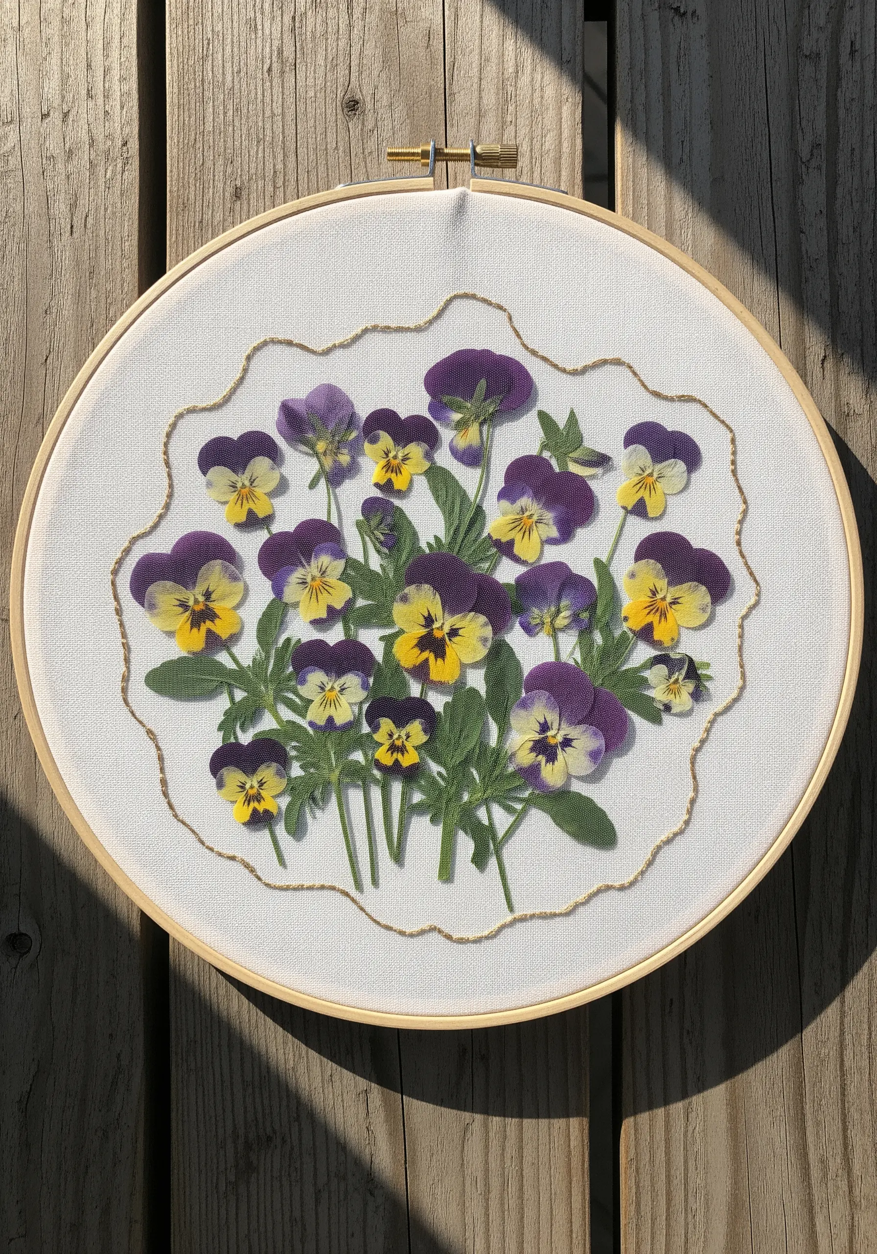 Pressed pansies in an embroidery hoop outlined with gold metallic thread.