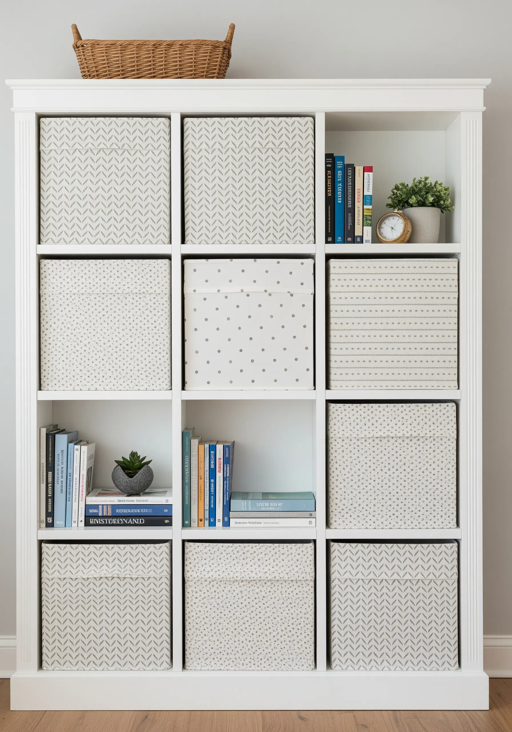 White cube shelving with fabric bins, each embroidered with a subtle, different neutral pattern