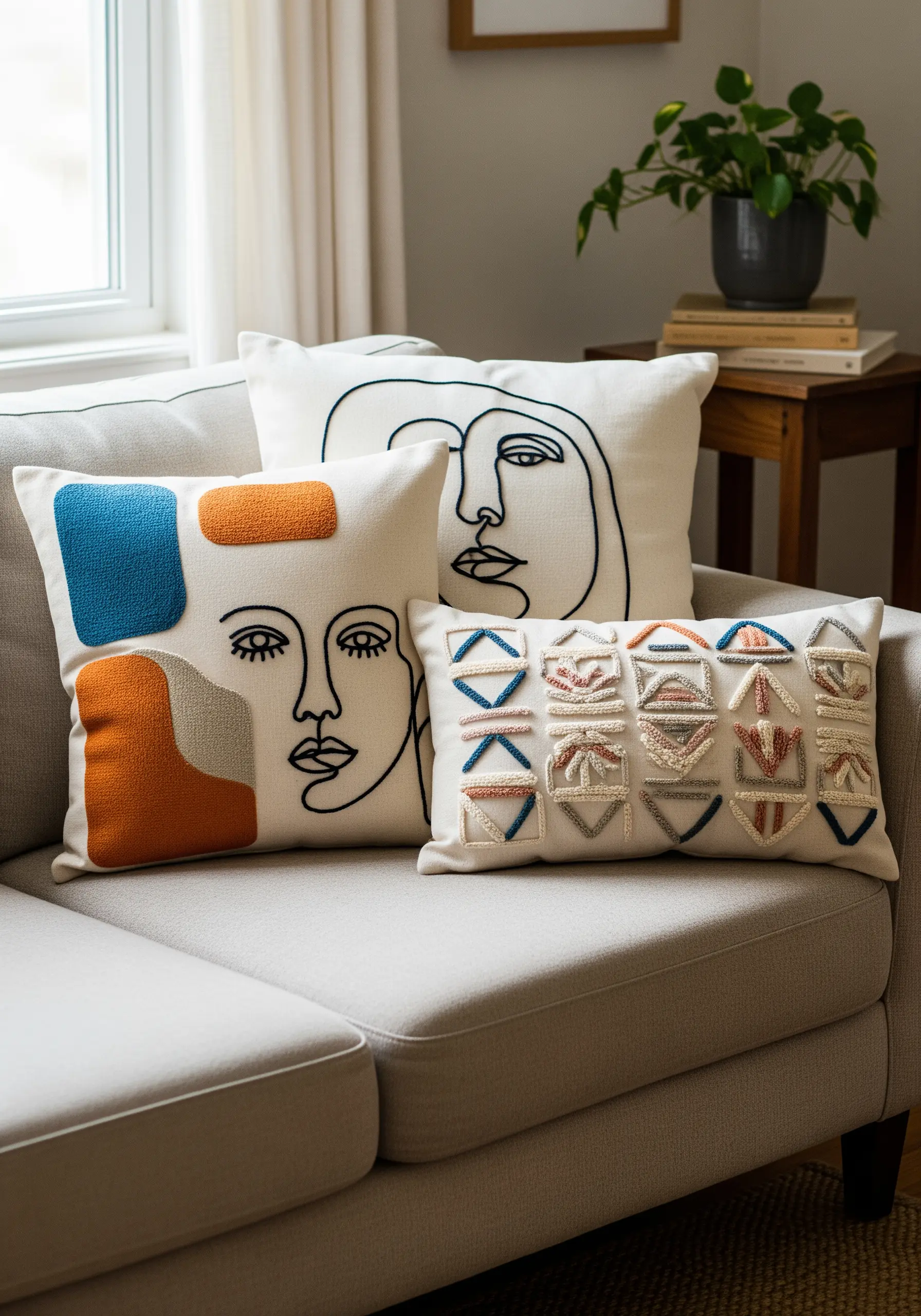 Abstract face line art embroidery next to textured color block pillows on a couch