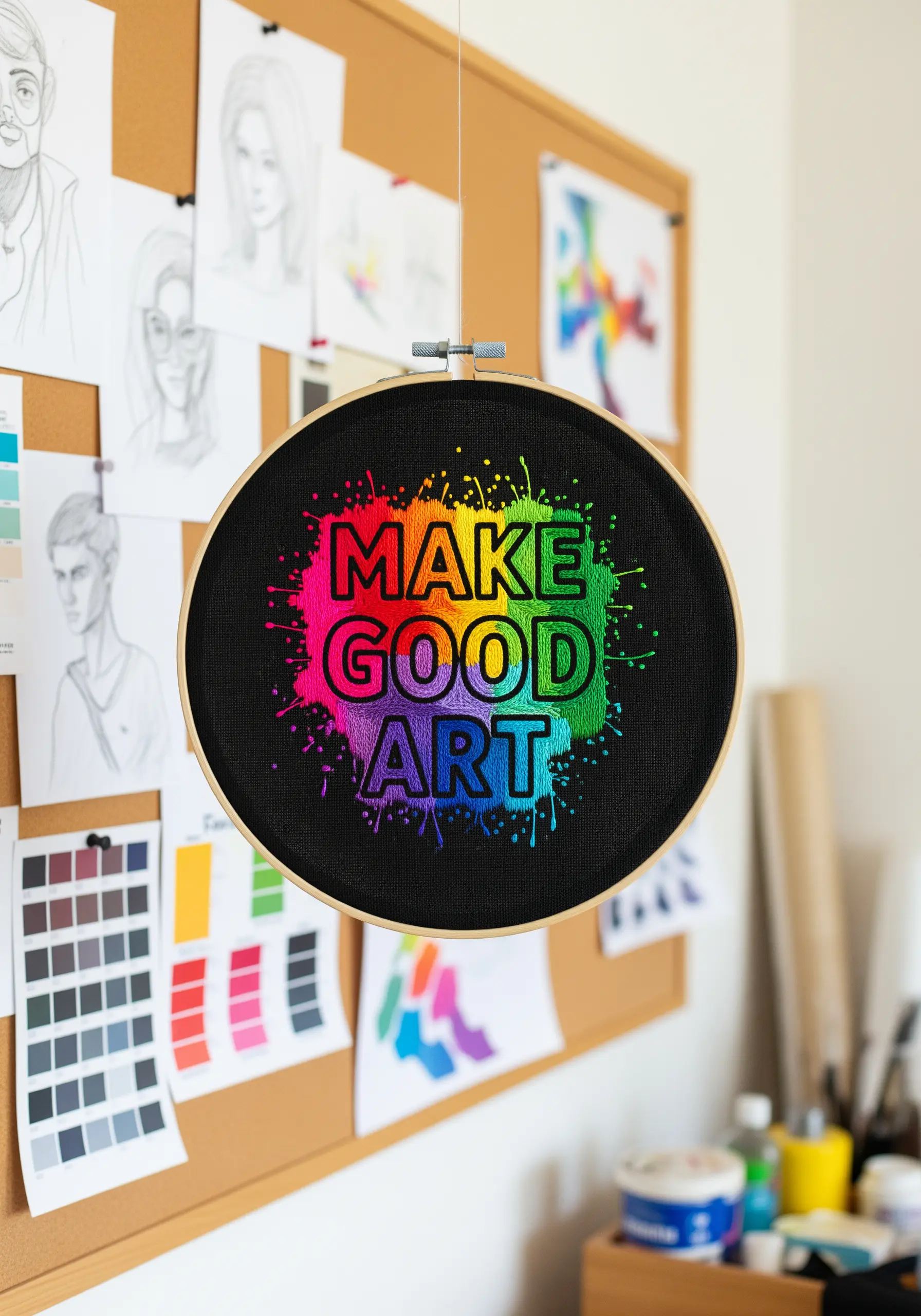 The words 'Make Good Art' embroidered over a vibrant, rainbow thread paint splatter.