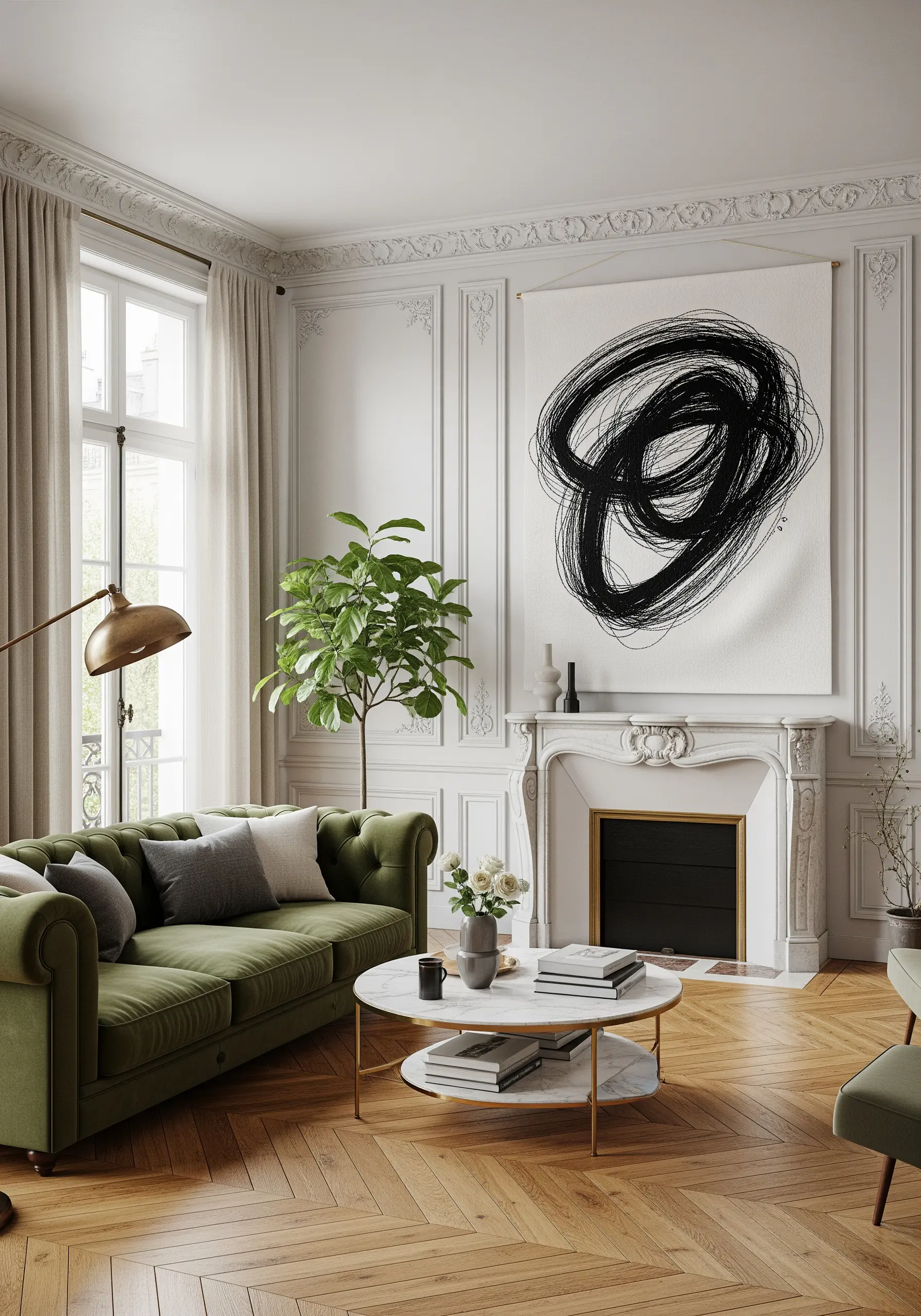 A large tapestry over a fireplace with a chaotic, black, scribble-like abstract embroidery.