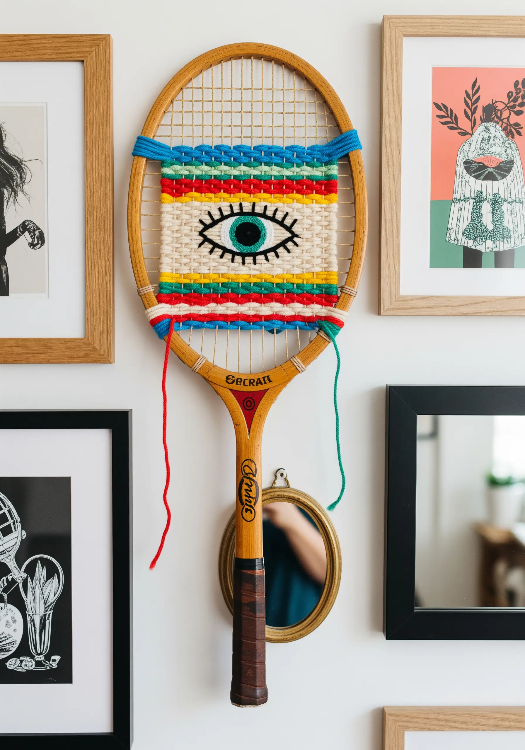 A vintage tennis racket repurposed as a loom, with a colorful woven eye design in the center.