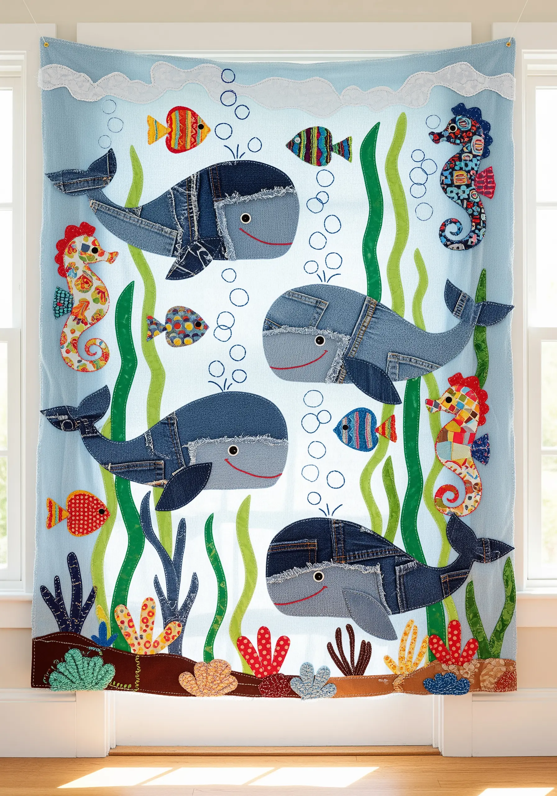 A children's wall hanging of an ocean scene with whales made from upcycled denim jeans