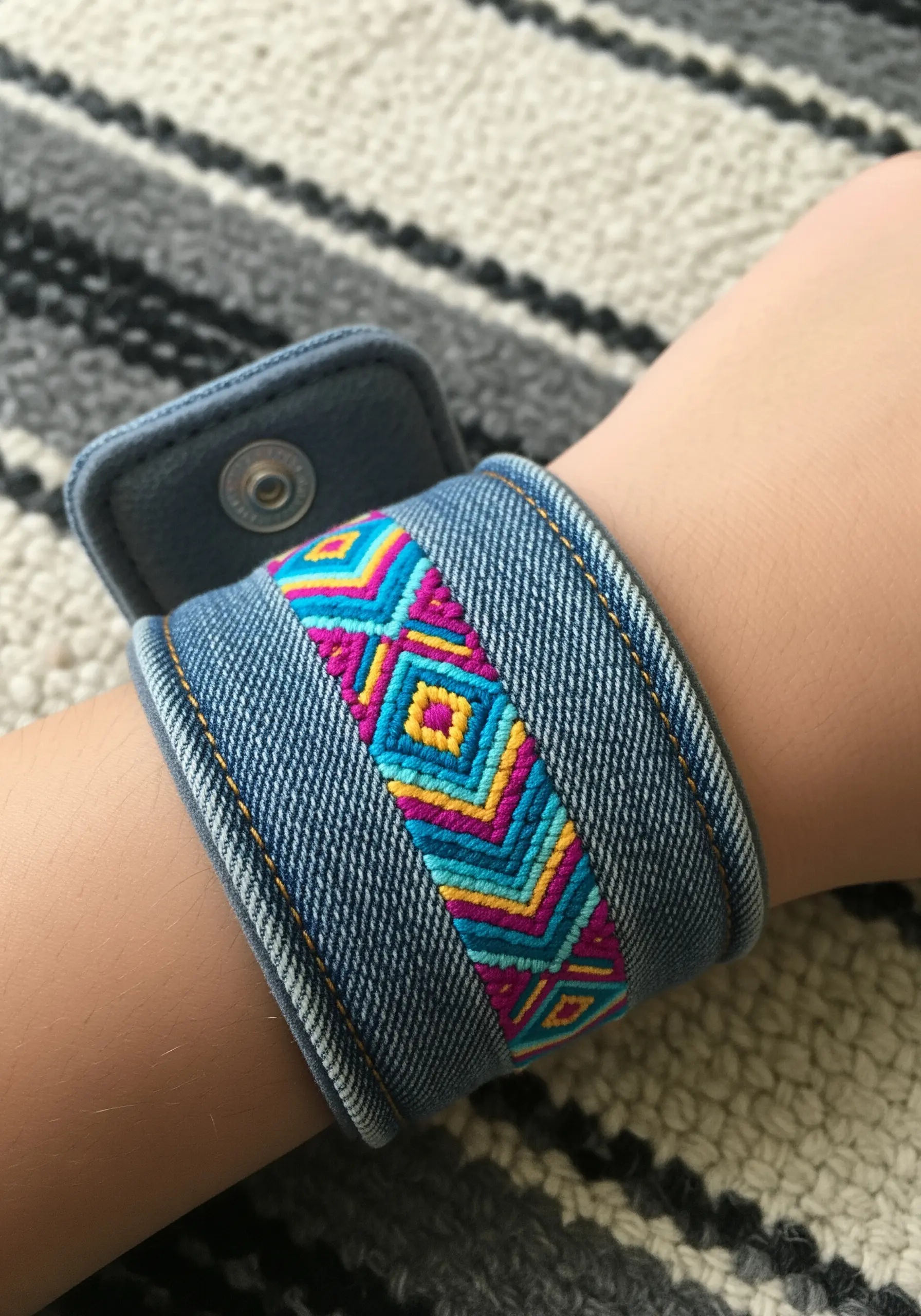 A denim cuff bracelet with a bright, geometric embroidery pattern in teal, pink, and yellow.