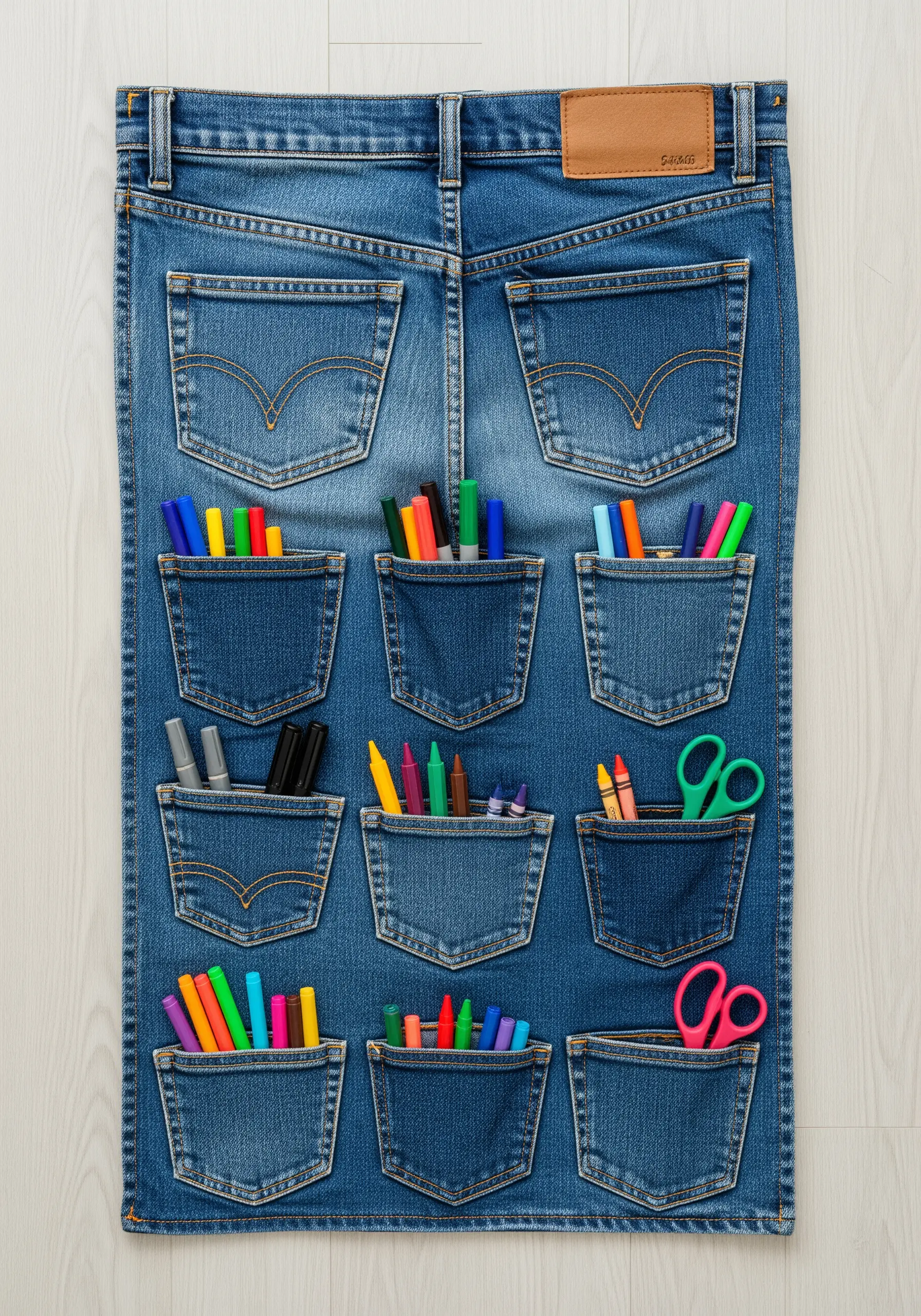 A wall organizer made from the back of blue jeans, with multiple pockets holding art supplies.
