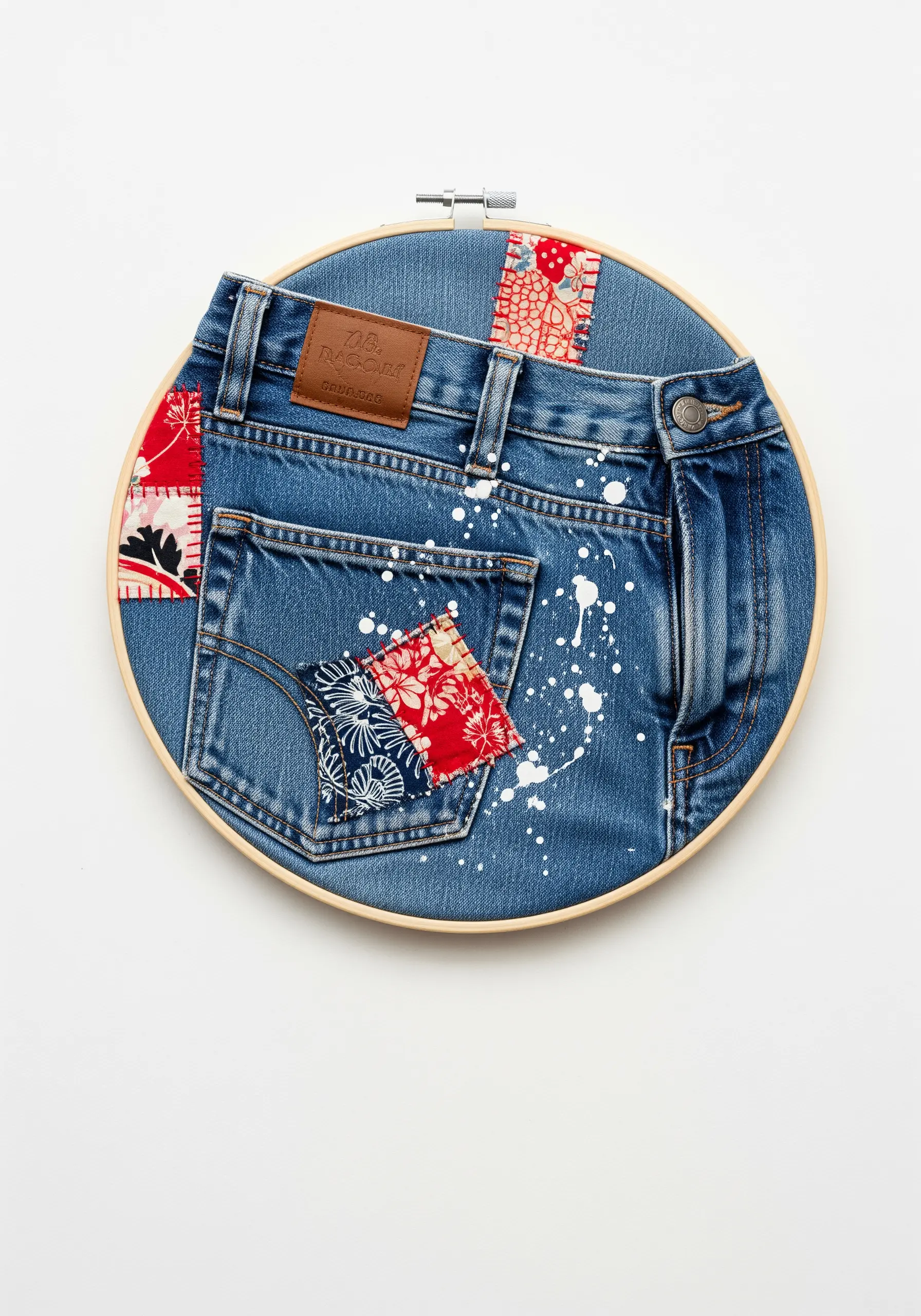 A section of denim in a hoop, embellished with floral fabric patches and white paint splatters.