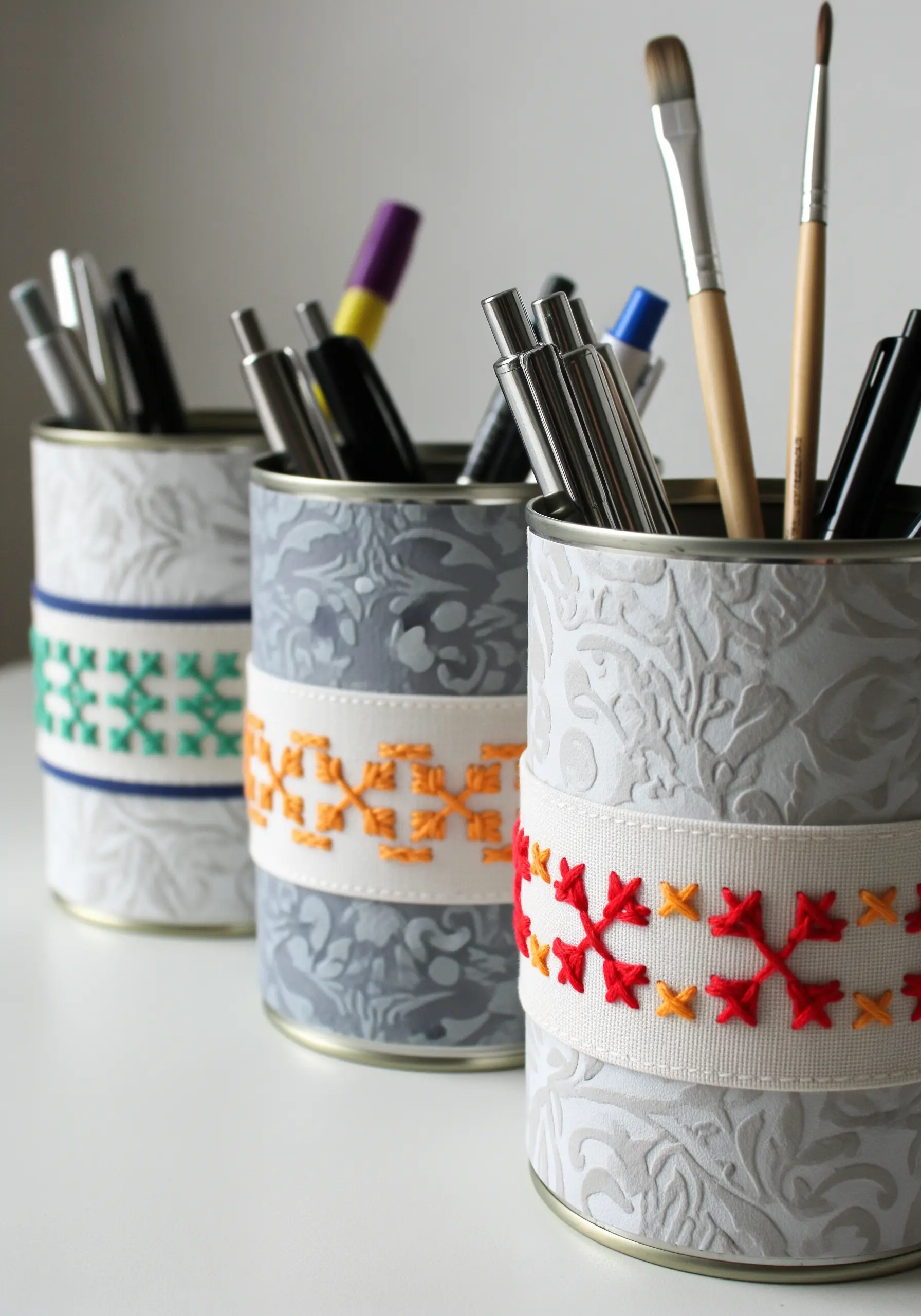 Upcycled tin cans used as pencil holders, decorated with embroidered fabric bands.
