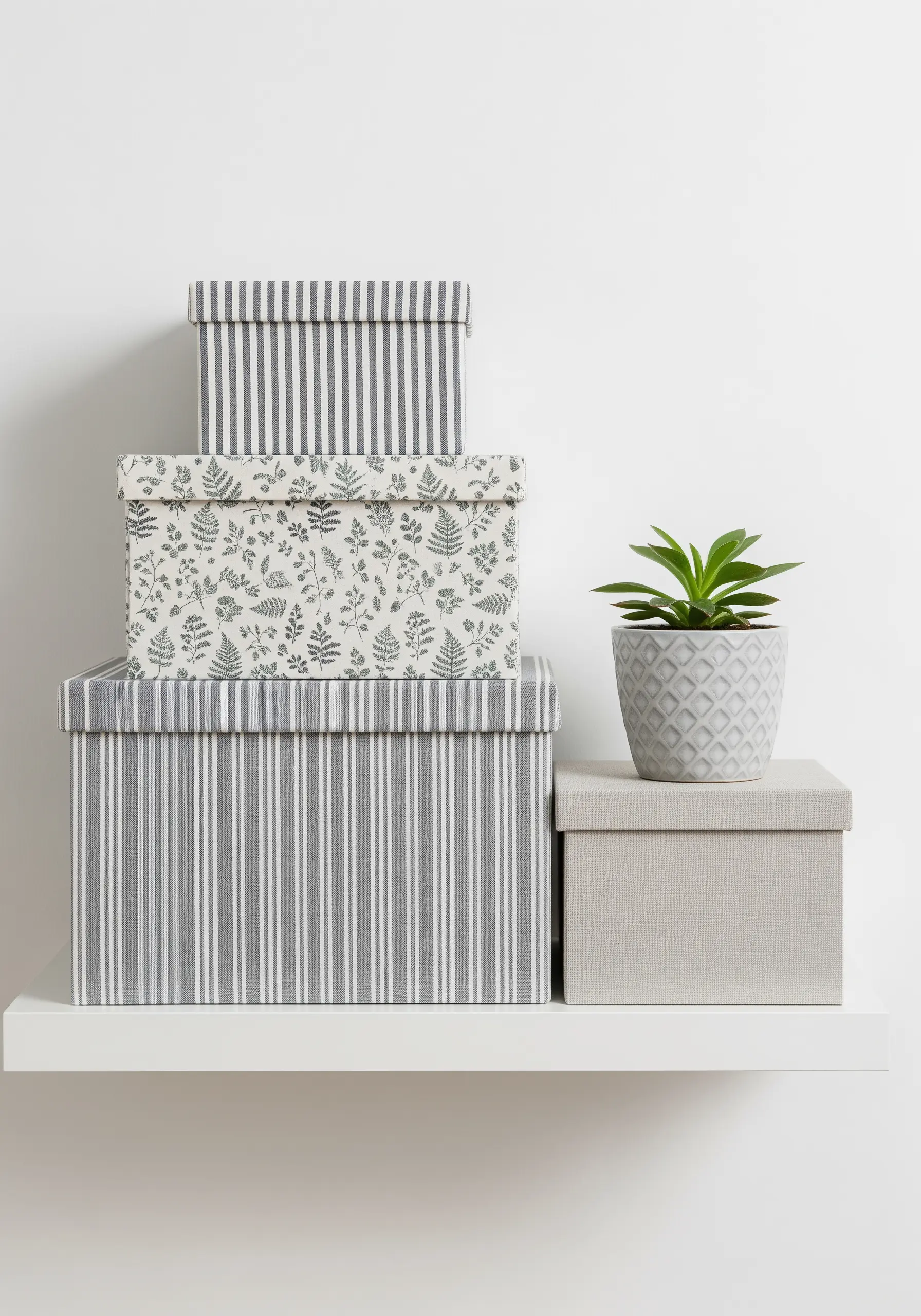 A stack of decorative grey and white storage boxes on a white shelf.