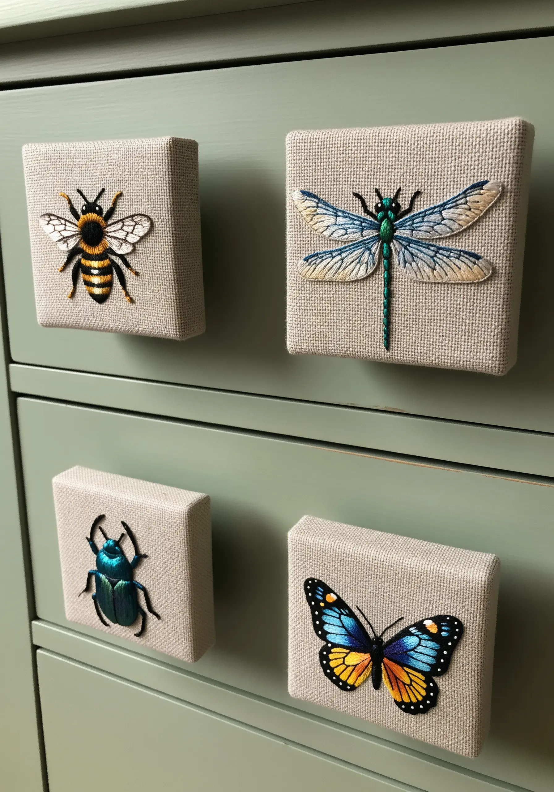 Four square drawer knobs, each wrapped in linen and embroidered with a realistic insect.