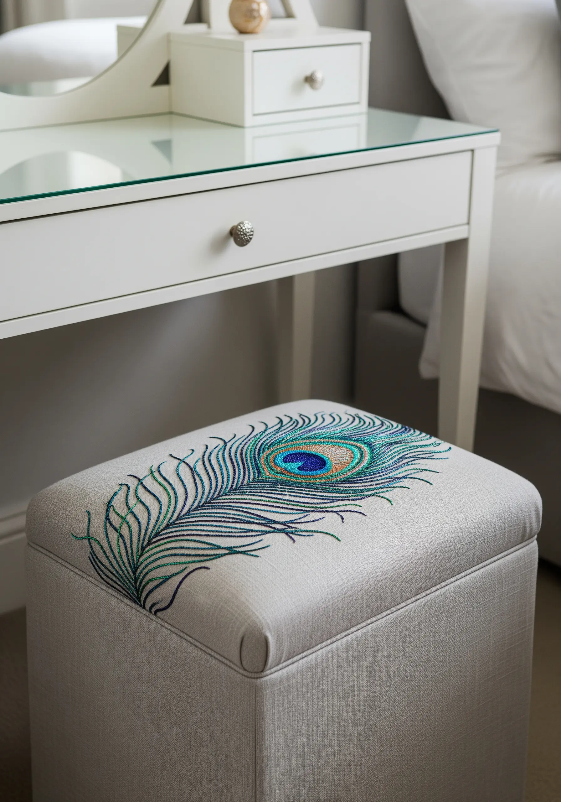 A linen vanity stool upholstered with a large, detailed embroidered peacock feather.