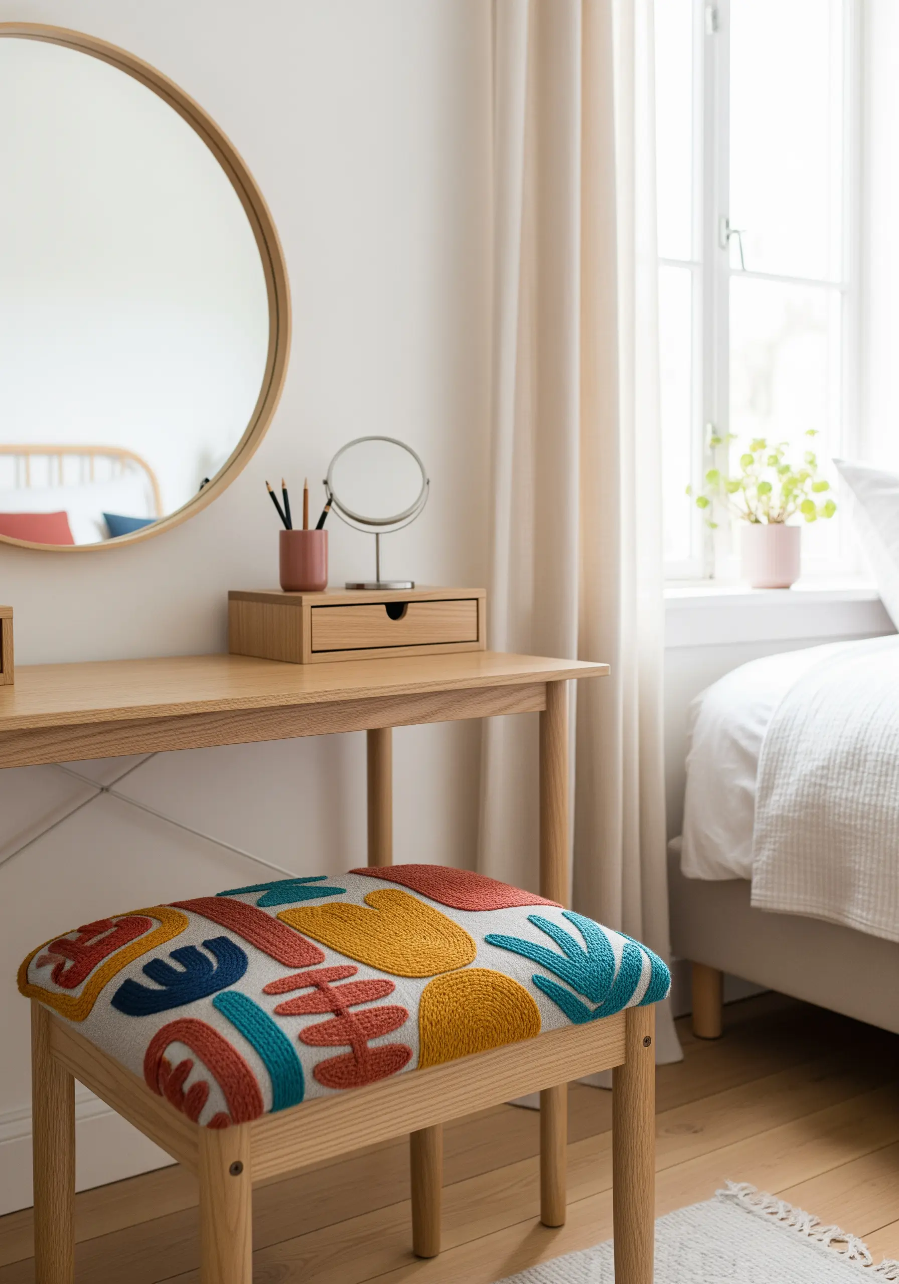 A wooden stool with a brightly colored, fully embroidered seat featuring abstract shapes.