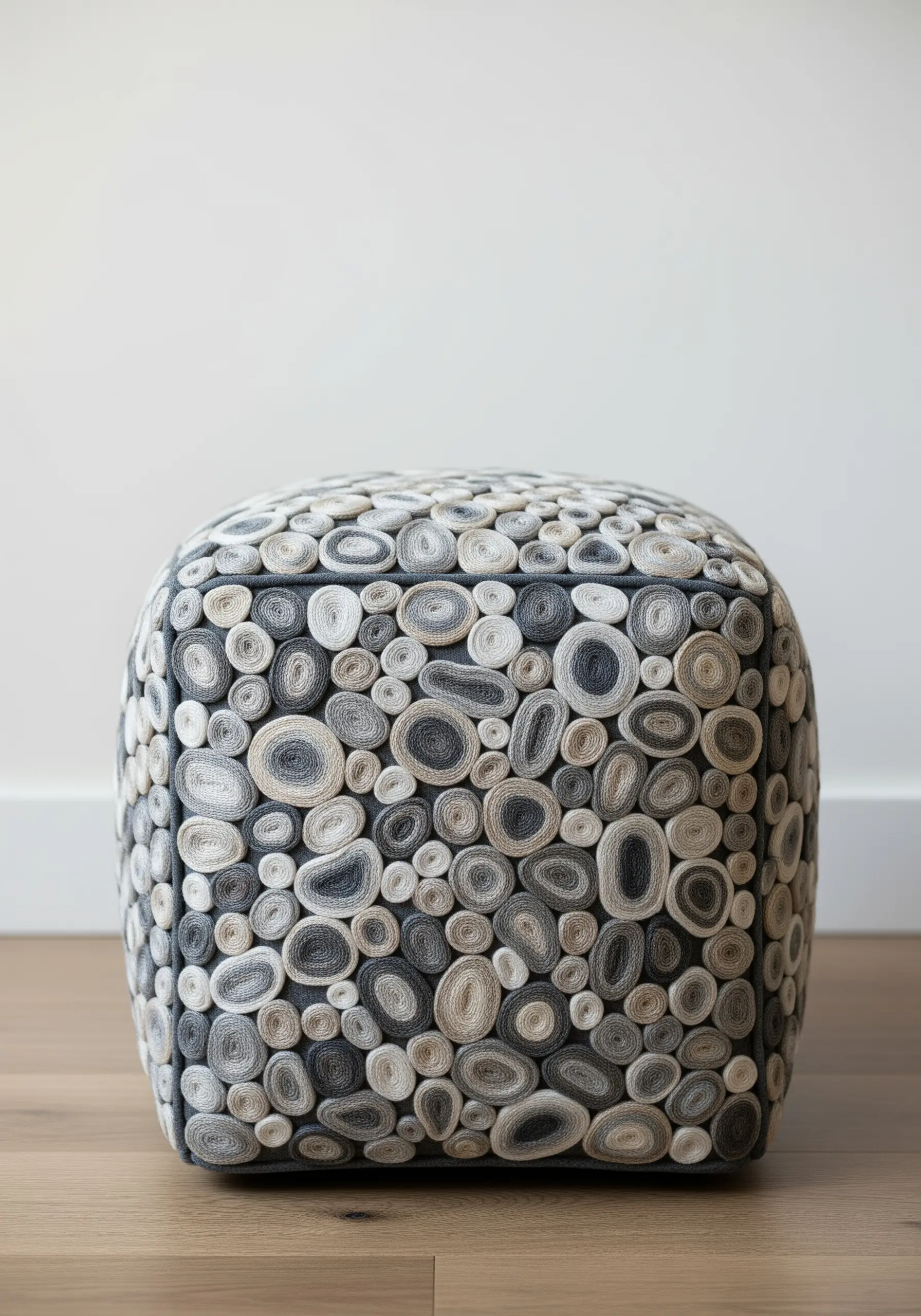A cube ottoman completely covered in coiled yarn medallions in neutral tones.