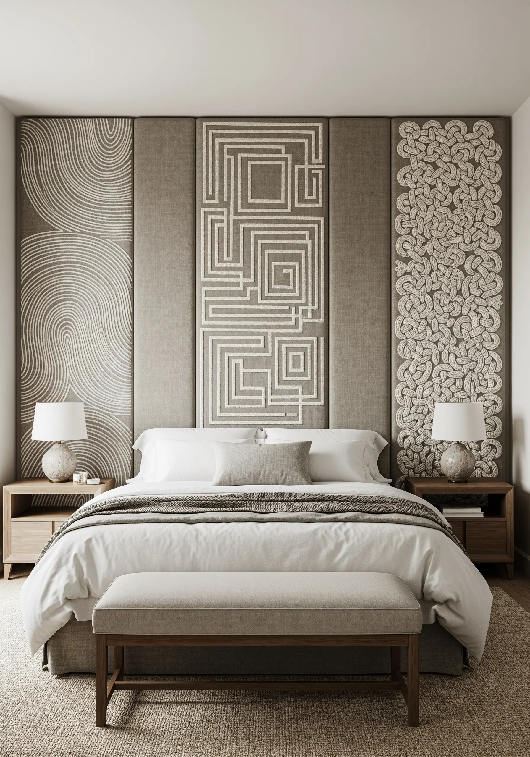A triptych of upholstered wall panels behind a bed, each with a different abstract embroidered texture.