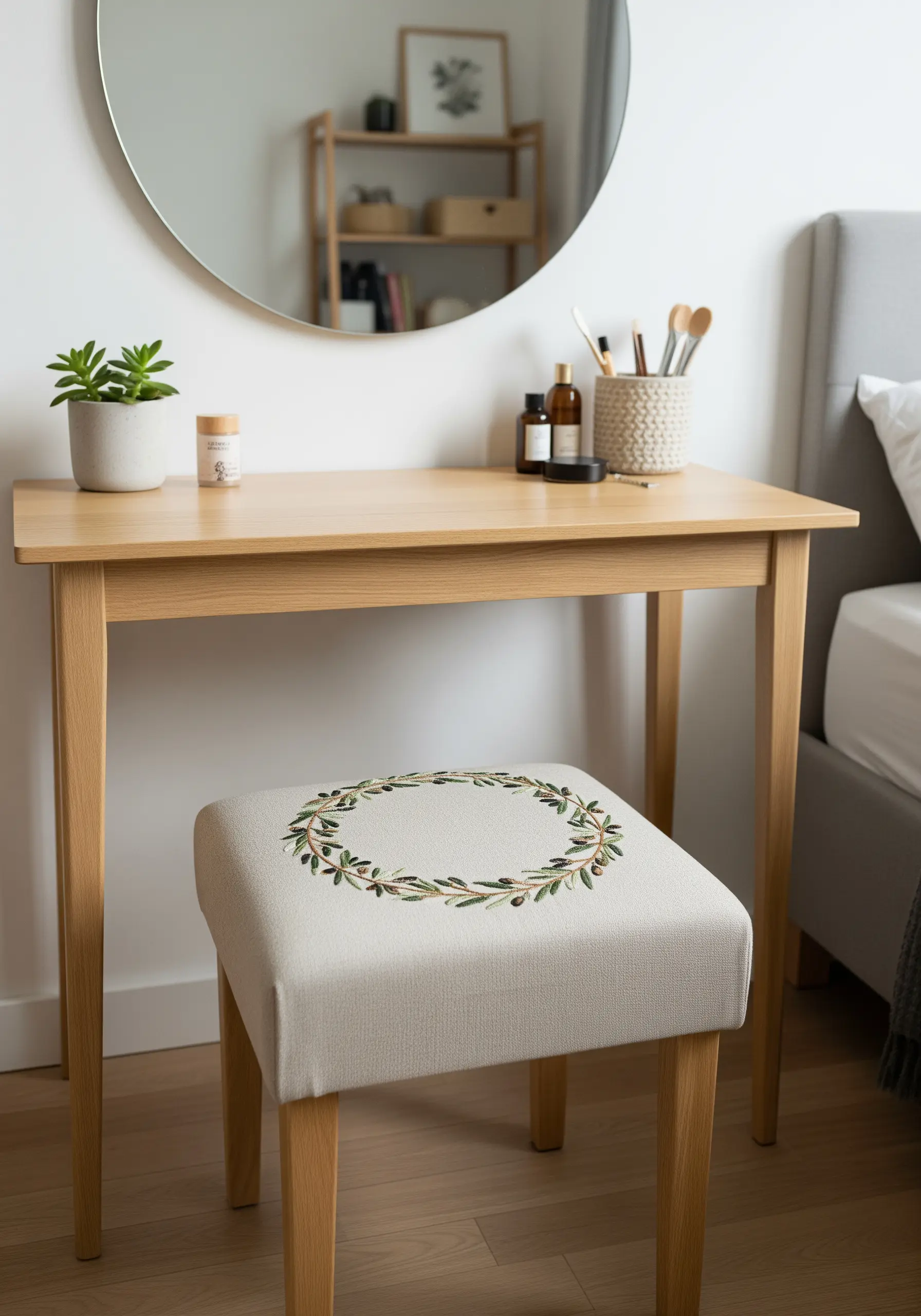 An embroidered olive and leaf wreath on the linen seat of a wooden vanity stool.