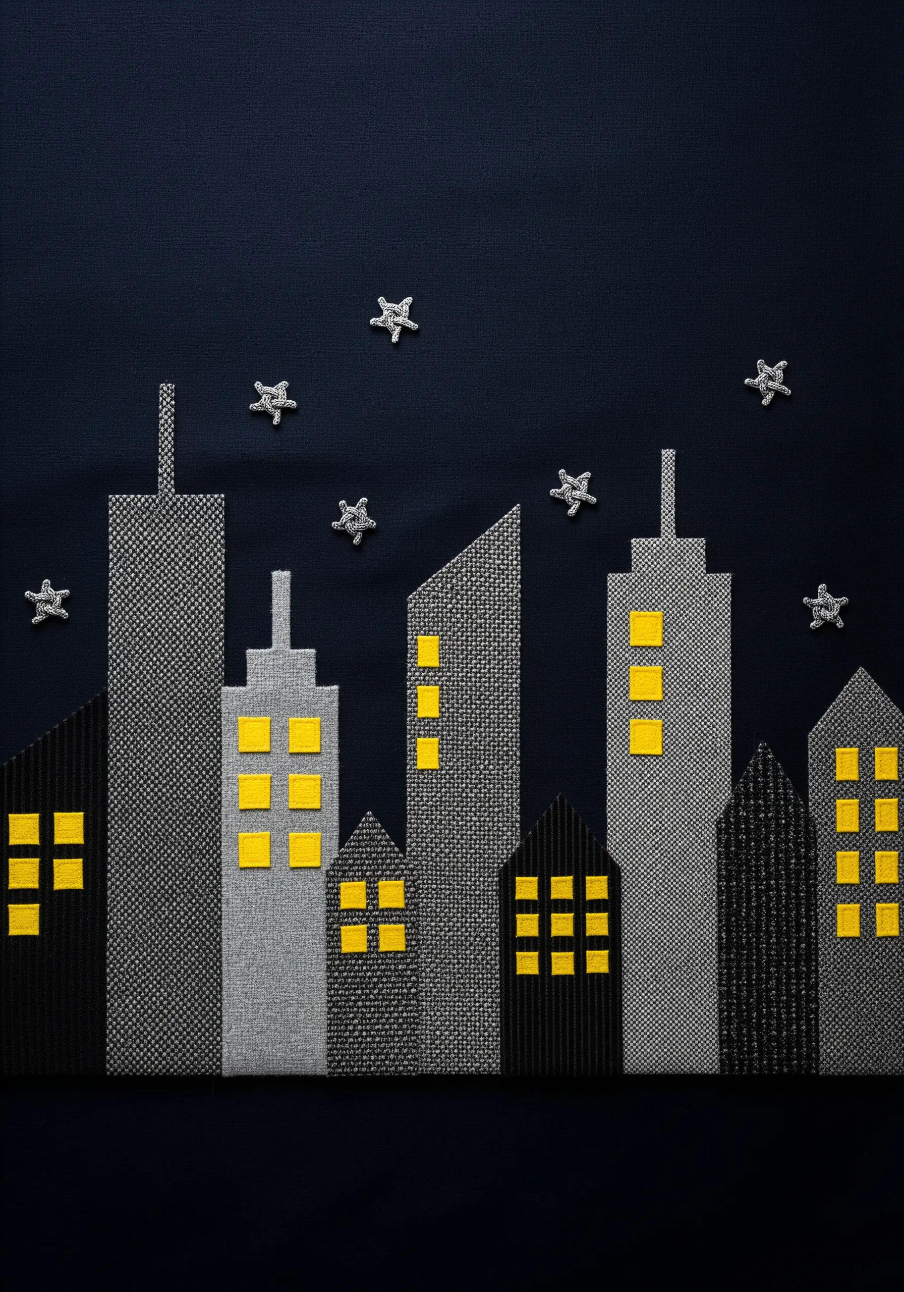 A nighttime cityscape made from textured grey and black fabrics with yellow felt windows.
