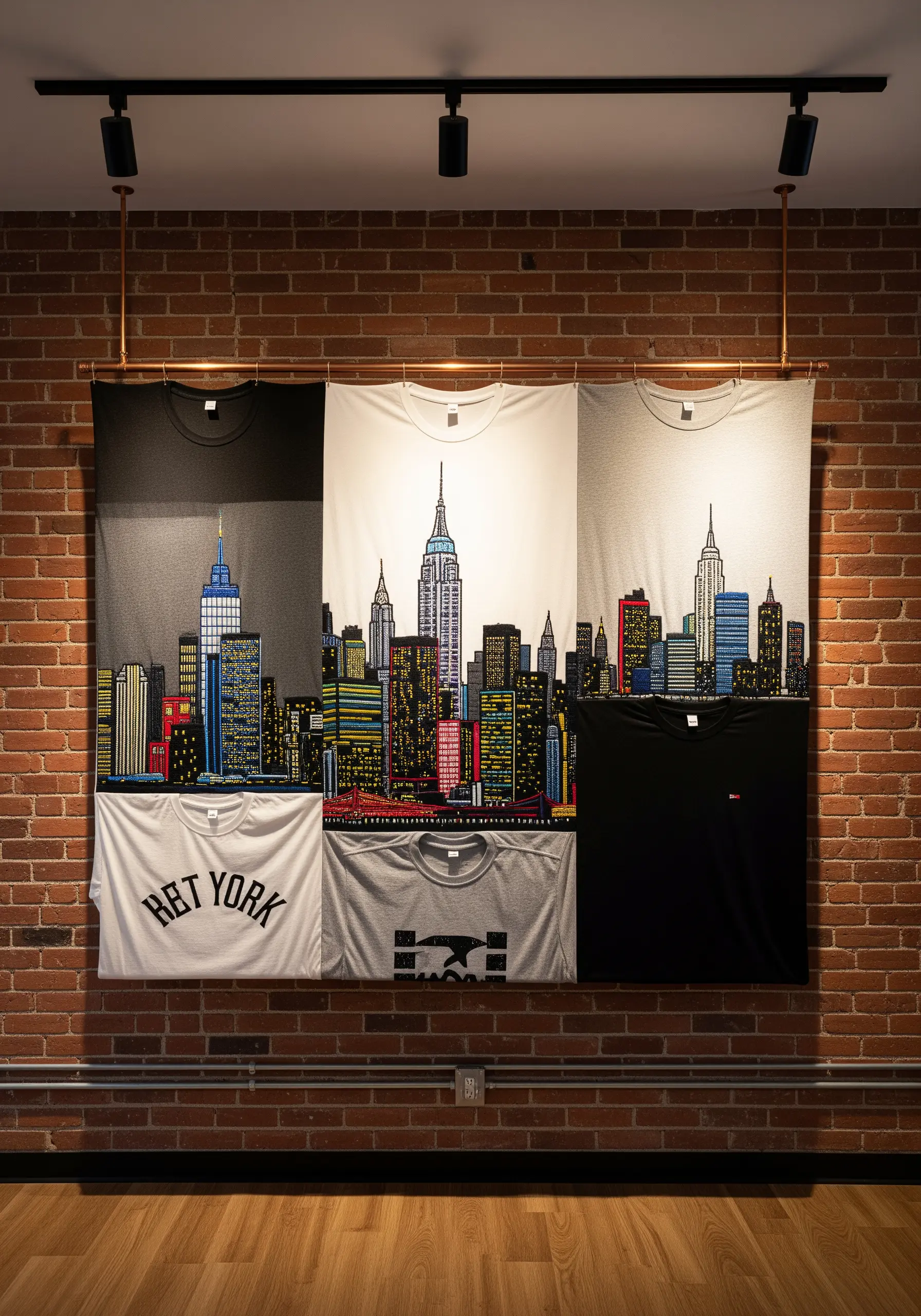 A city skyline collage made from different colored t-shirts with embroidered details.