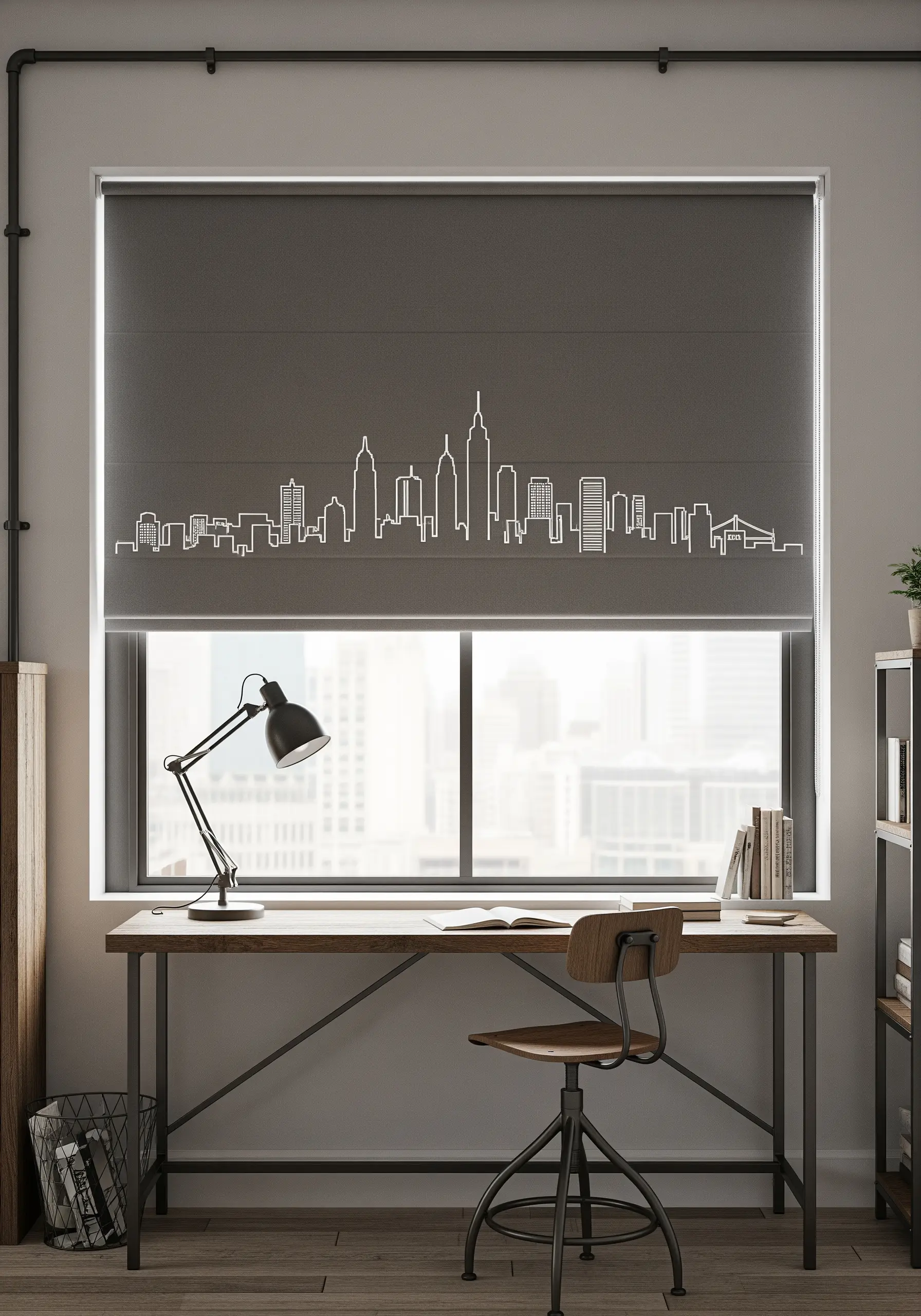 Minimalist single-line embroidery of a city skyline on a grey roller blind.