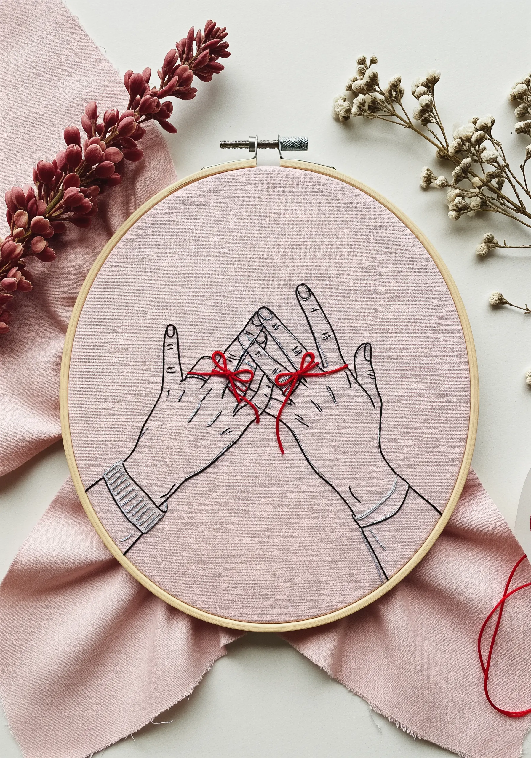 Embroidery of two hands connected by a dimensional red string of fate tied in knots.