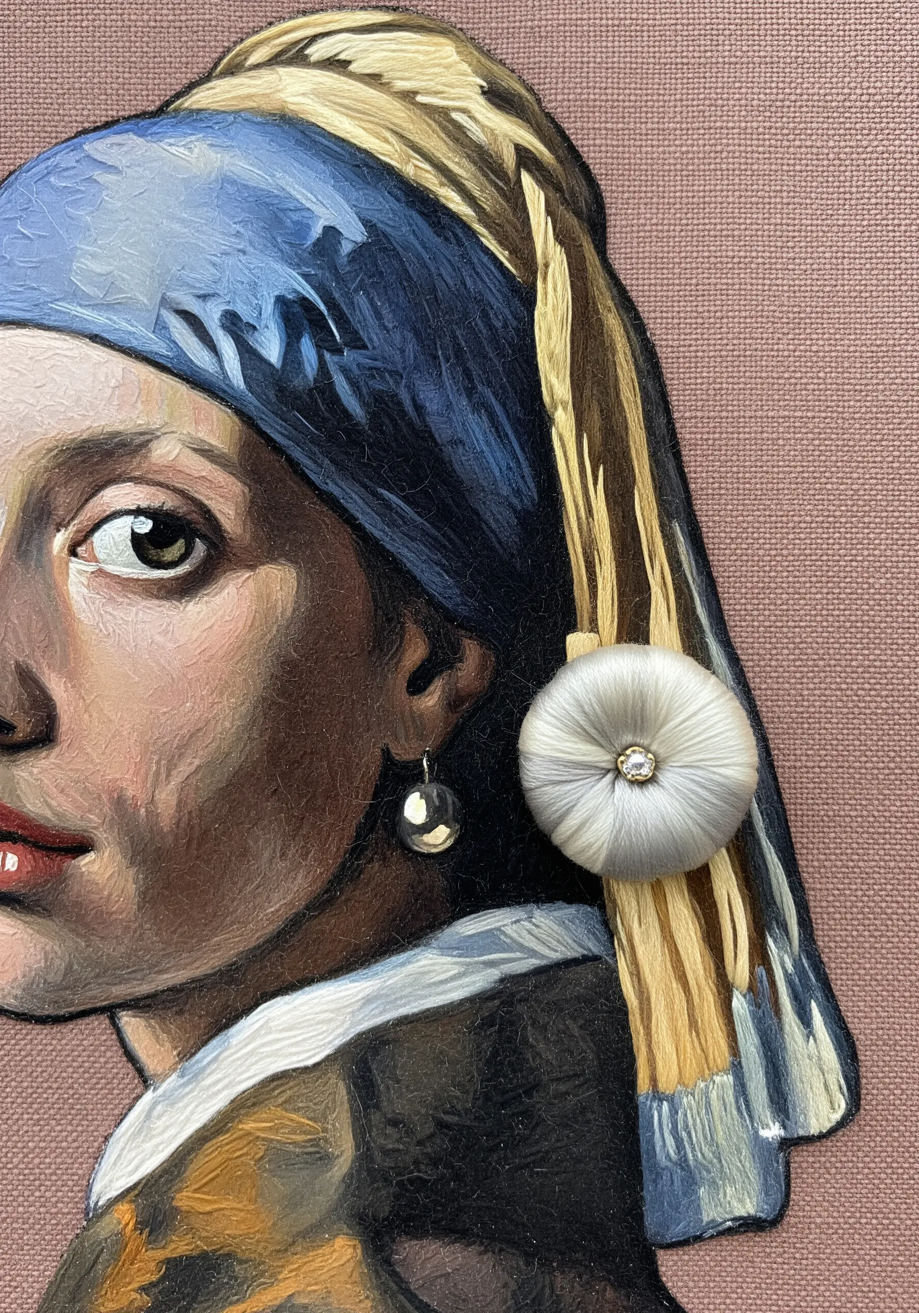 Detail of an embroidered 'Girl with a Pearl Earring' featuring a 3D stumpwork earring.