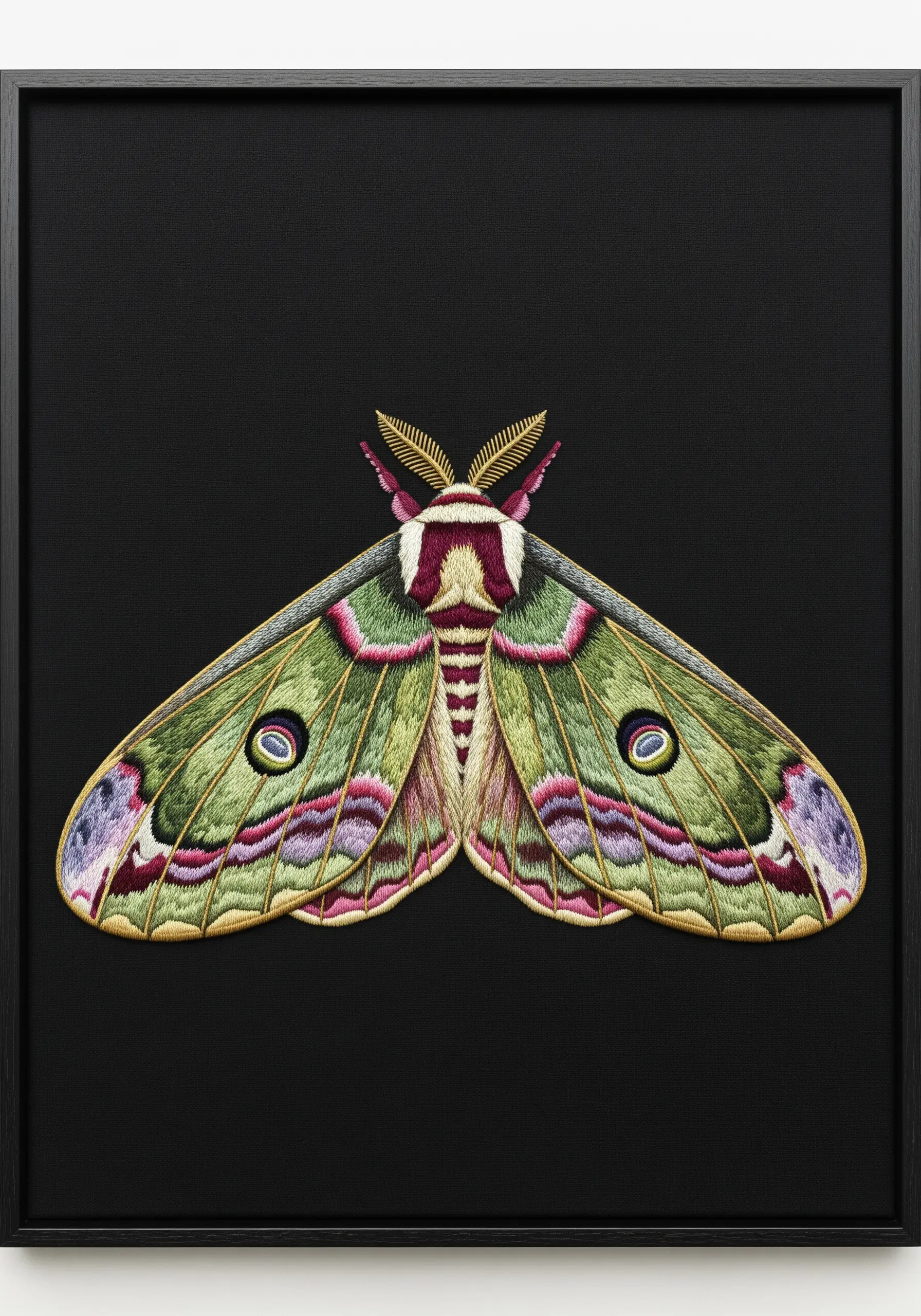A hyper-realistic embroidered moth with green and pink wings on a solid black background.