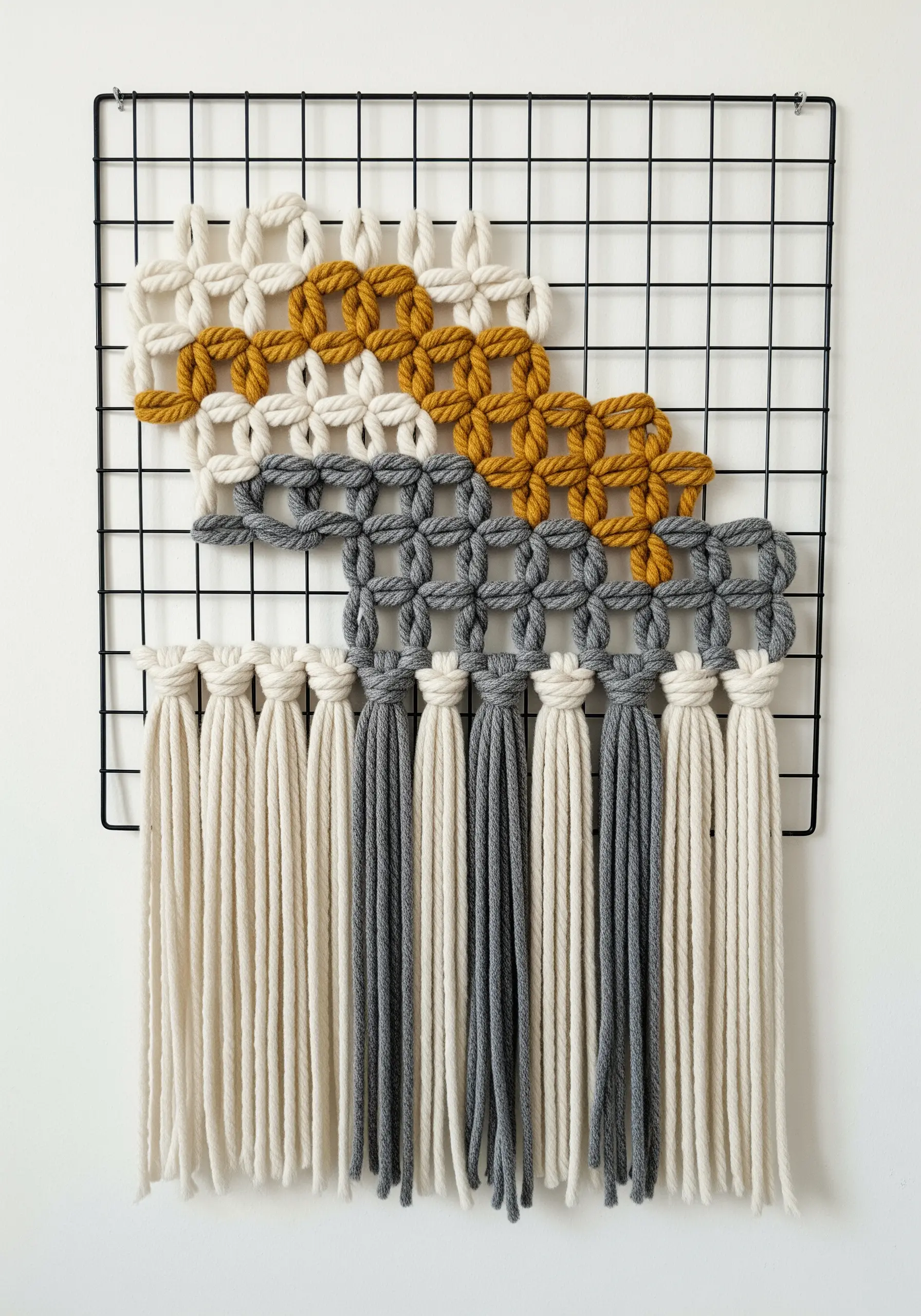 Macrame knots in white, yellow, and gray tied onto a black square metal grid.