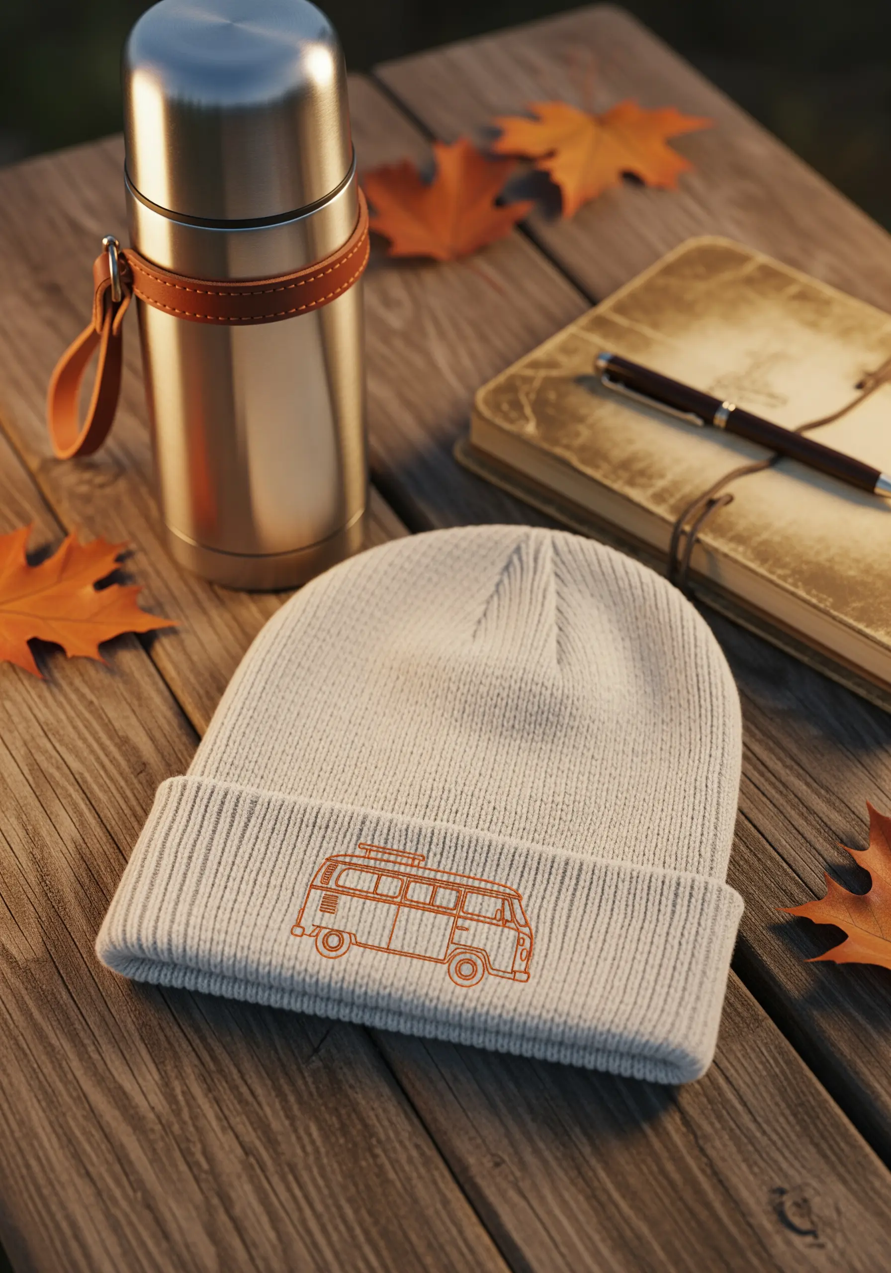 An orange outline of a vintage camper van embroidered on the cuff of a white ribbed beanie.