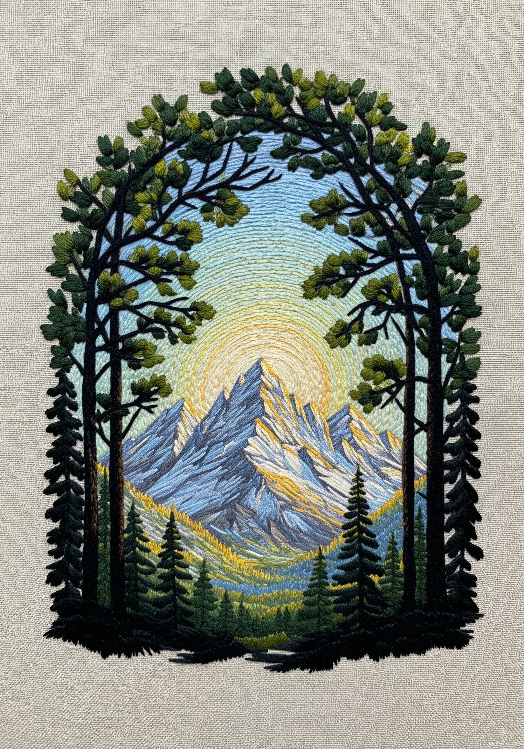 Embroidered mountain sunrise viewed through a natural frame of dark silhouetted trees.