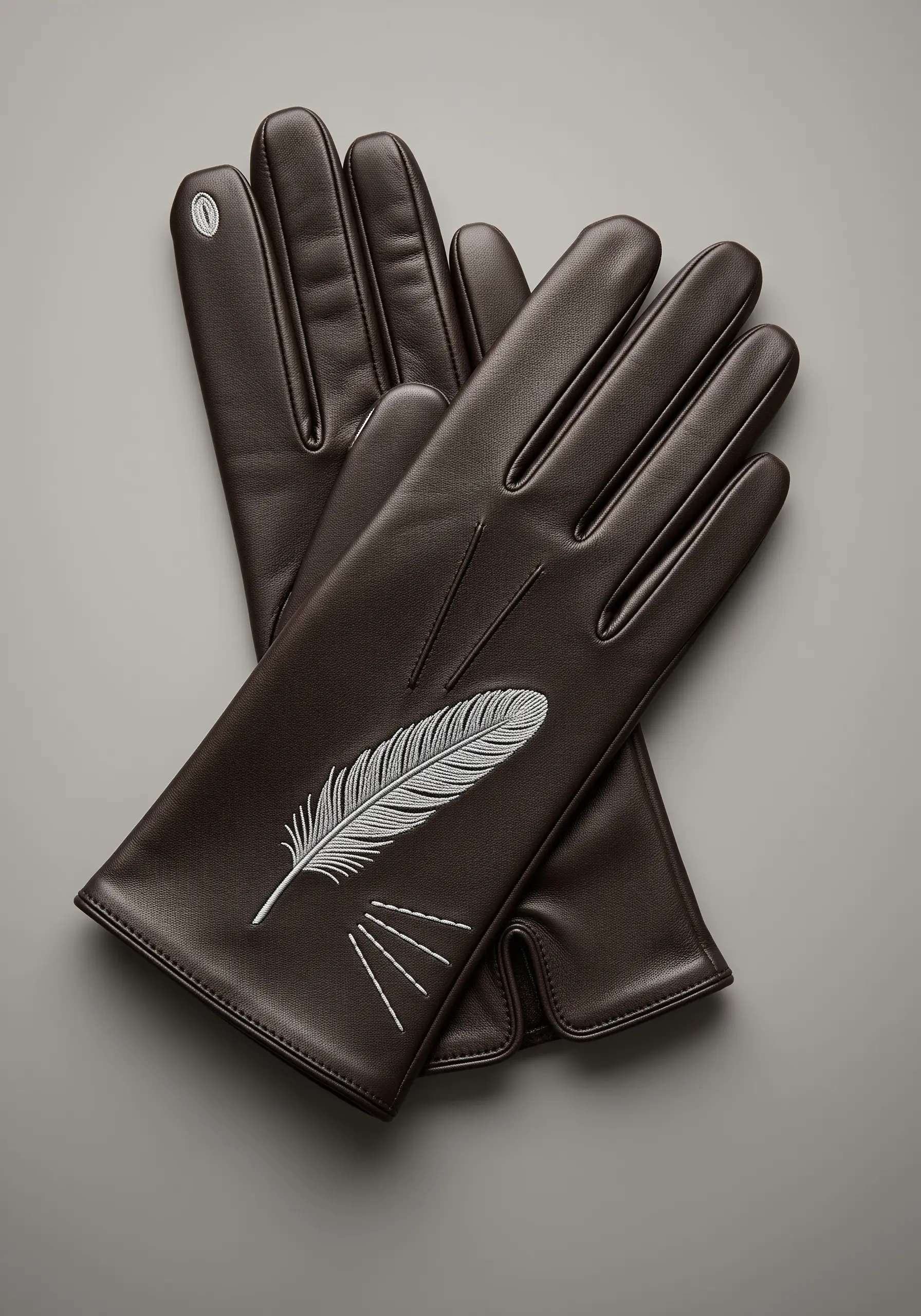 A delicate white feather embroidered on the back of a dark brown leather glove.