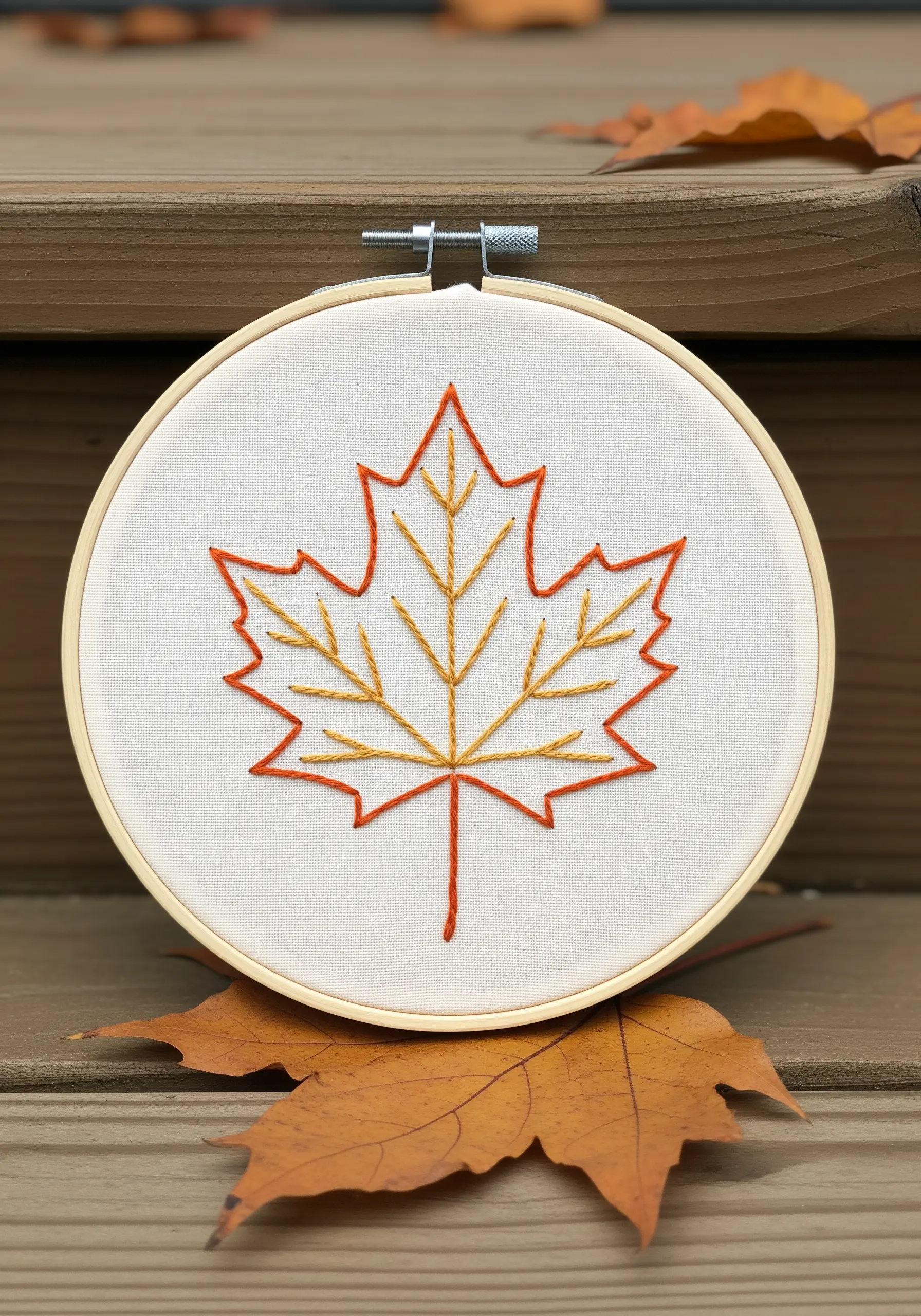 A two-tone outline embroidery of a maple leaf in orange and yellow on white fabric.
