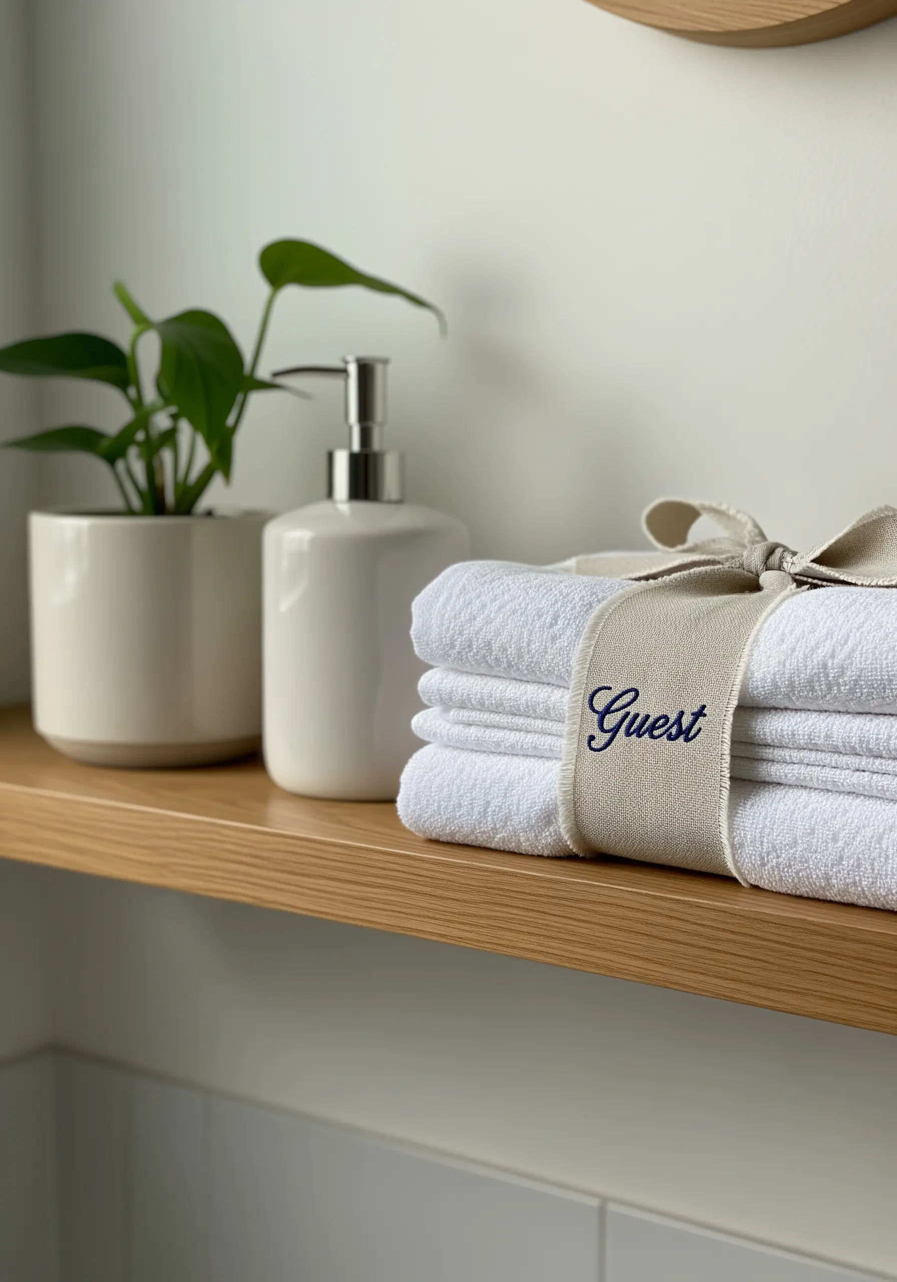 The word 'Guest' embroidered in elegant navy script on a neutral linen towel band.