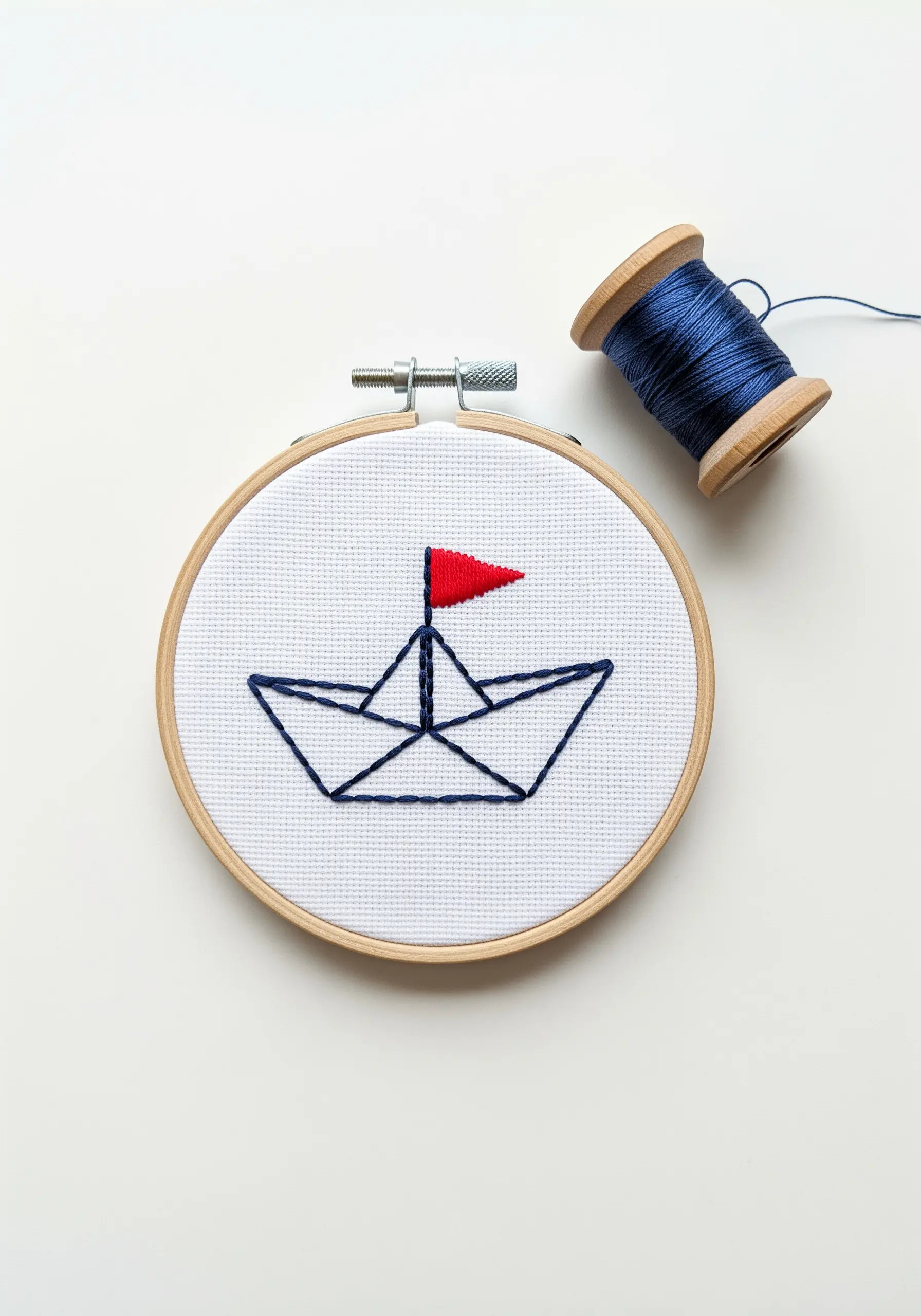 A geometric paper boat outline stitched on white Aida cloth with a small red satin-stitch flag.
