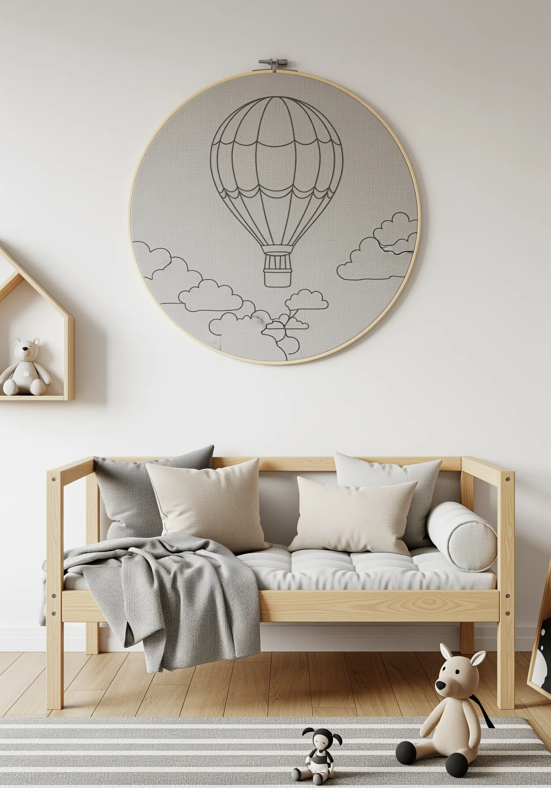 A large embroidery hoop framing a line-art hot air balloon, hung in a nursery.