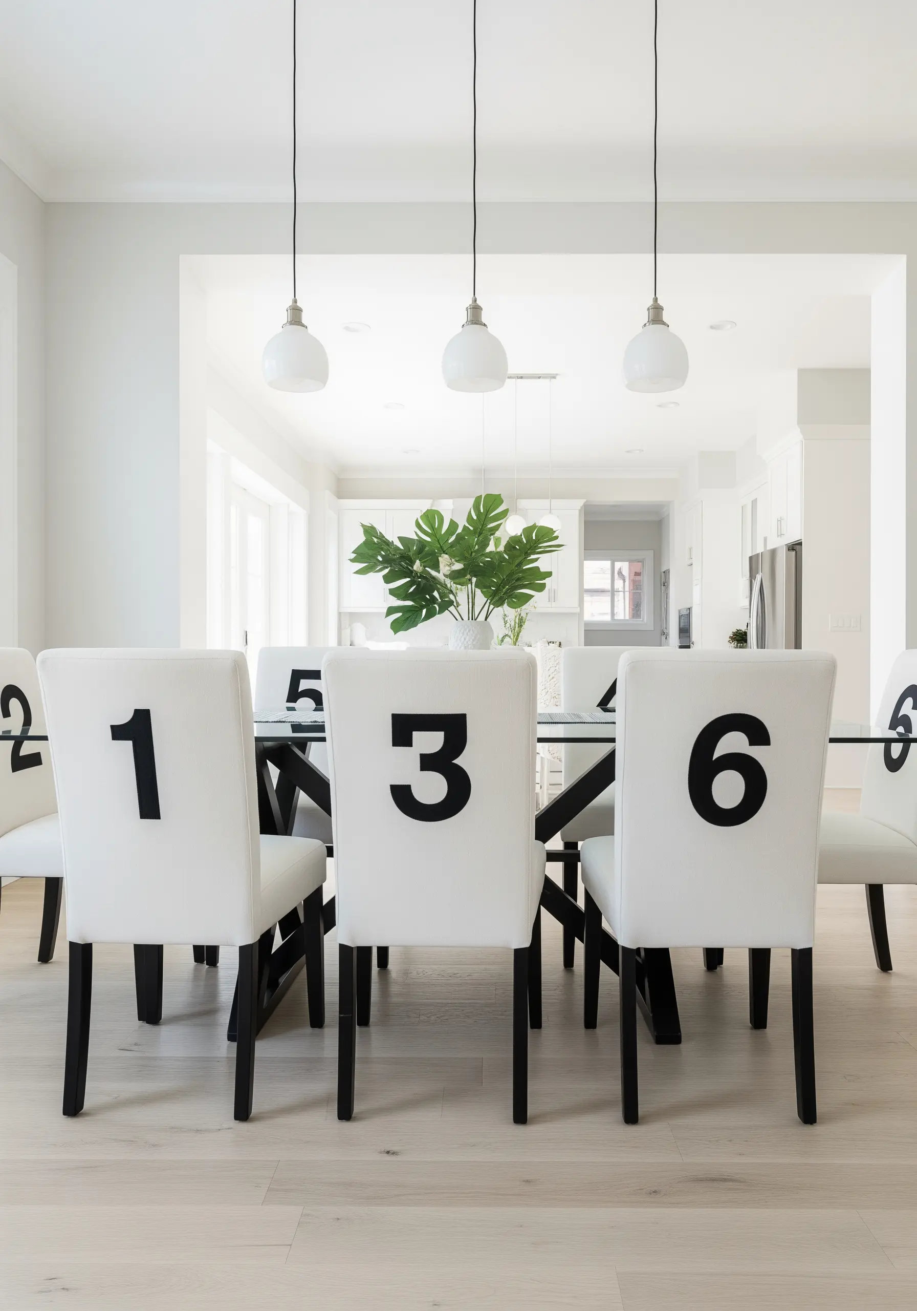 White dining chair covers with large, bold black appliquéd numbers on the back.