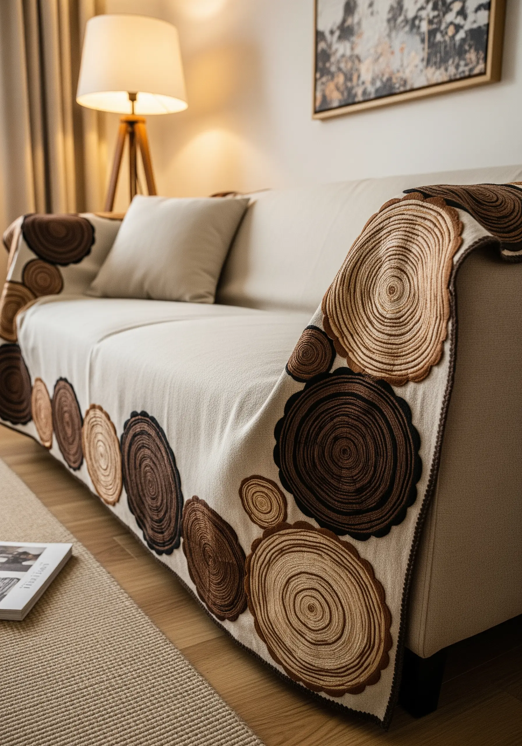 A beige sofa throw decorated with appliqué and embroidered tree ring patterns in various brown tones.