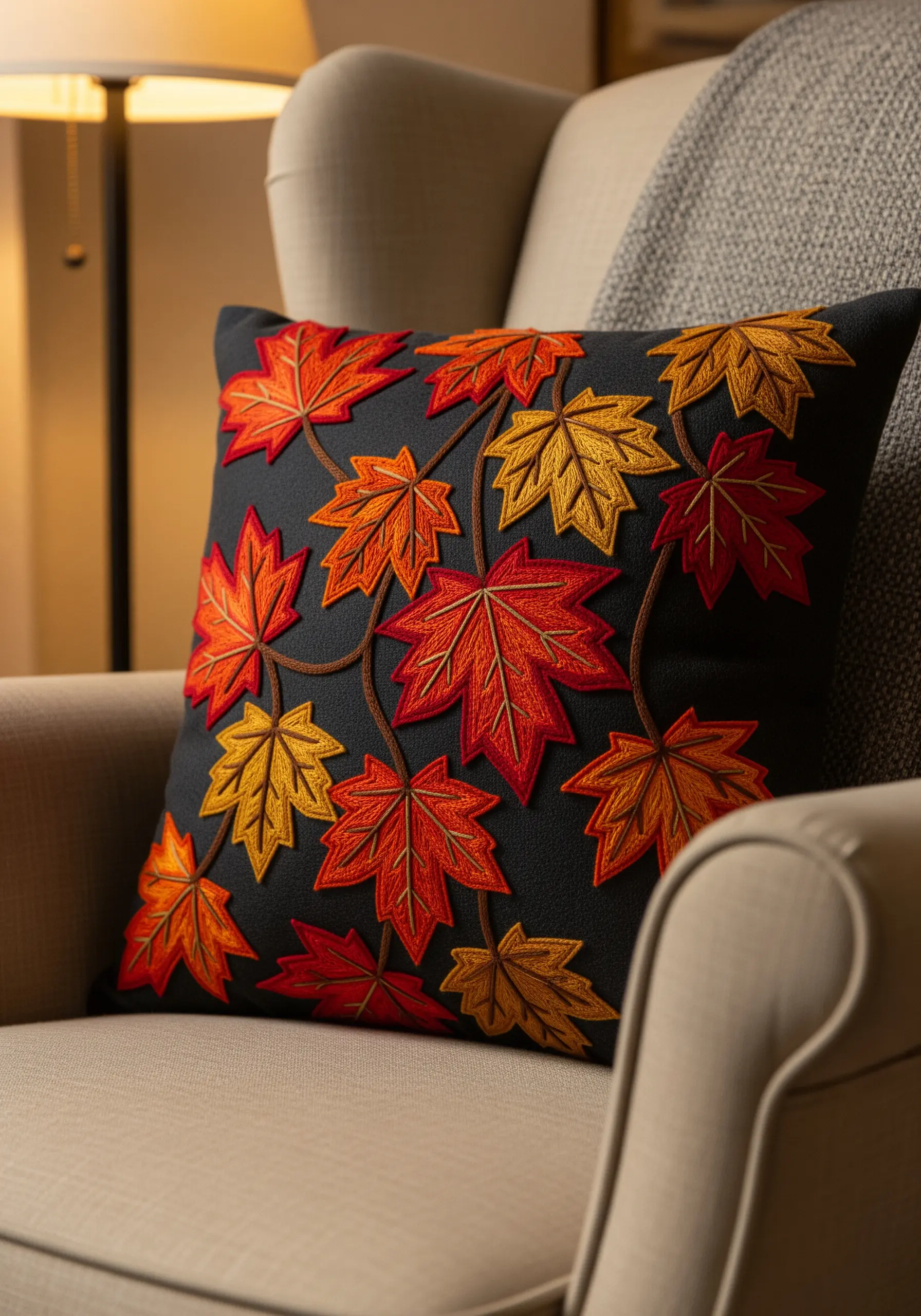Embroidered autumn maple leaves in red, orange, and yellow on a black cushion.