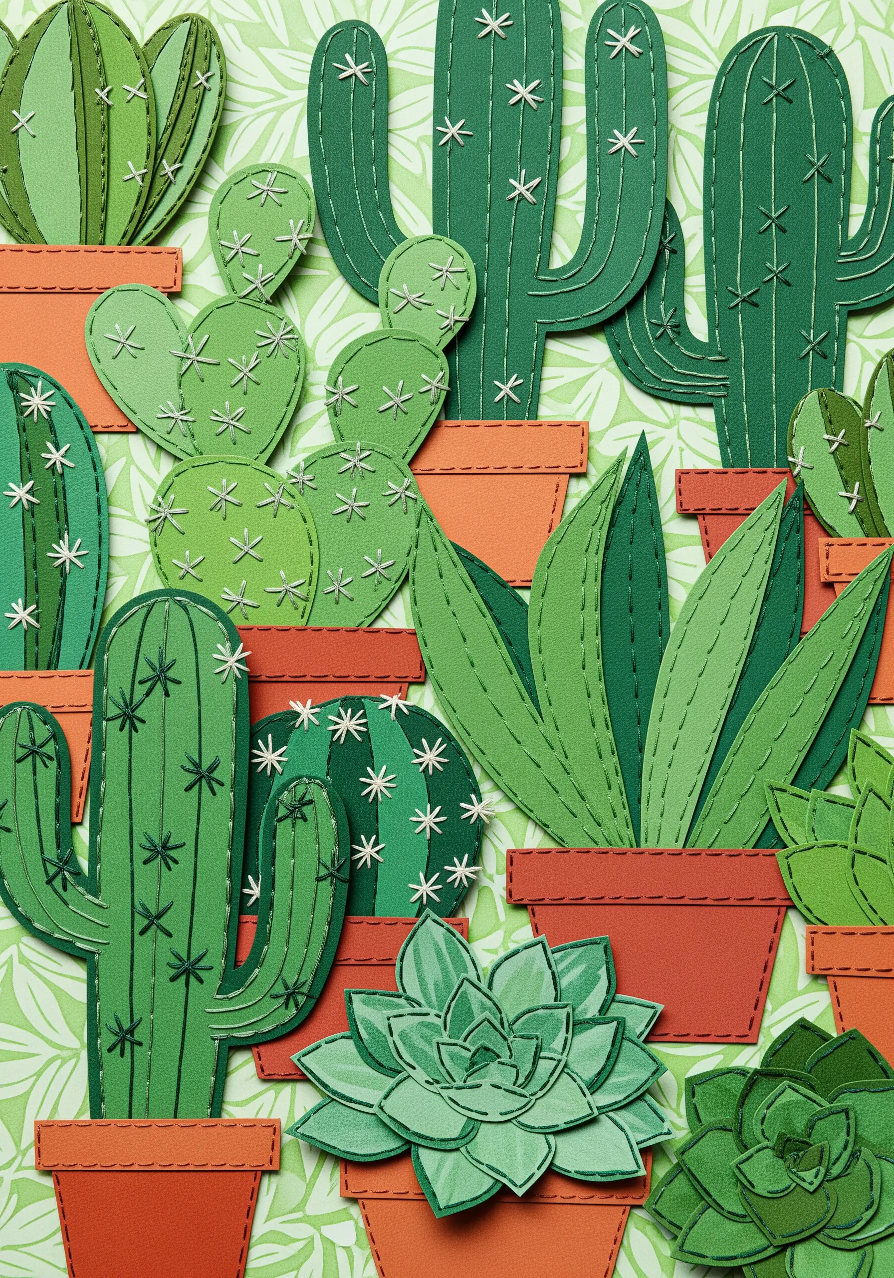 A collage of green paper cacti decorated with simple white and silver asterisk stitches.