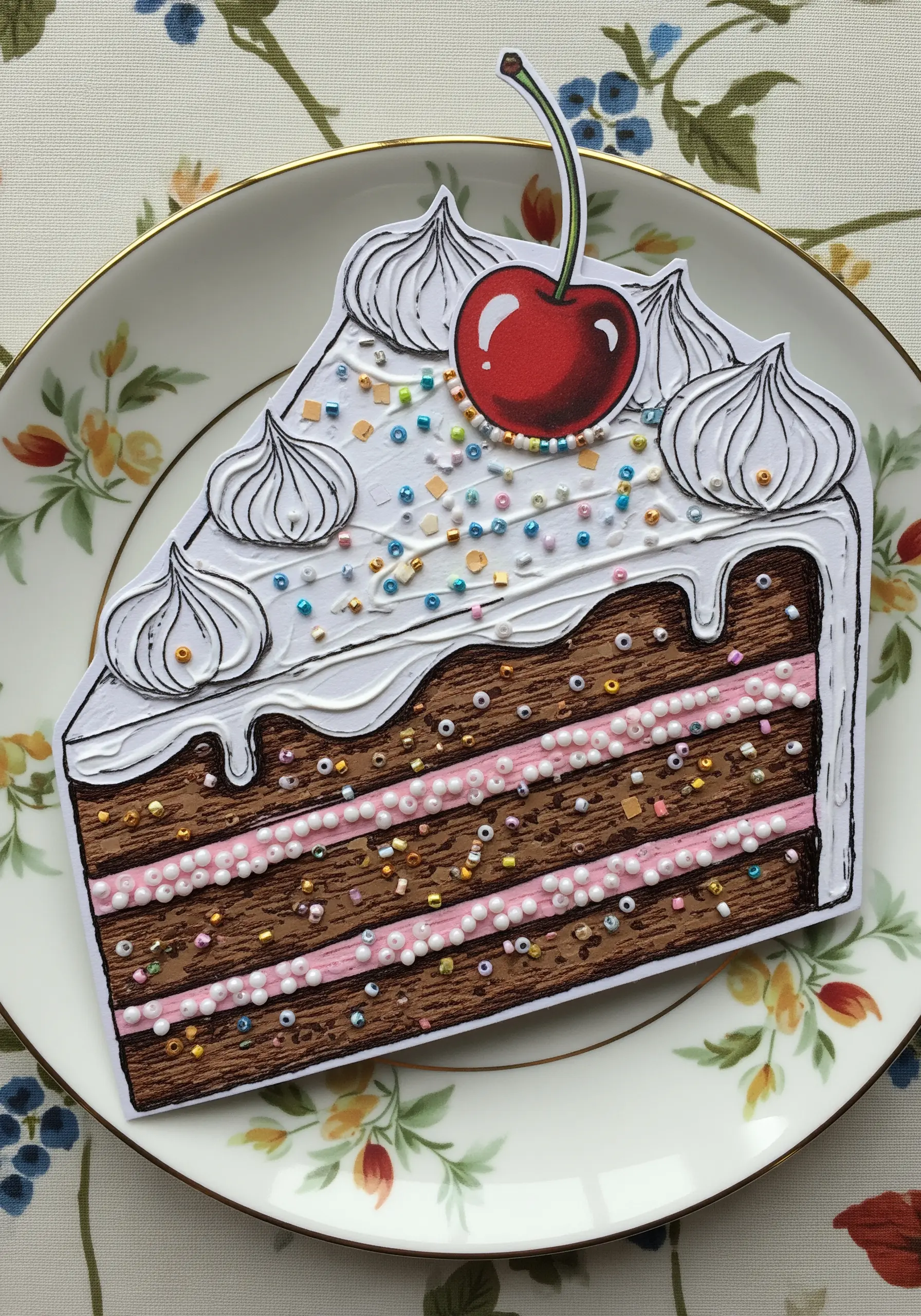 A paper collage of a cake slice, decorated with tiny beads for sprinkles and white paint for icing.