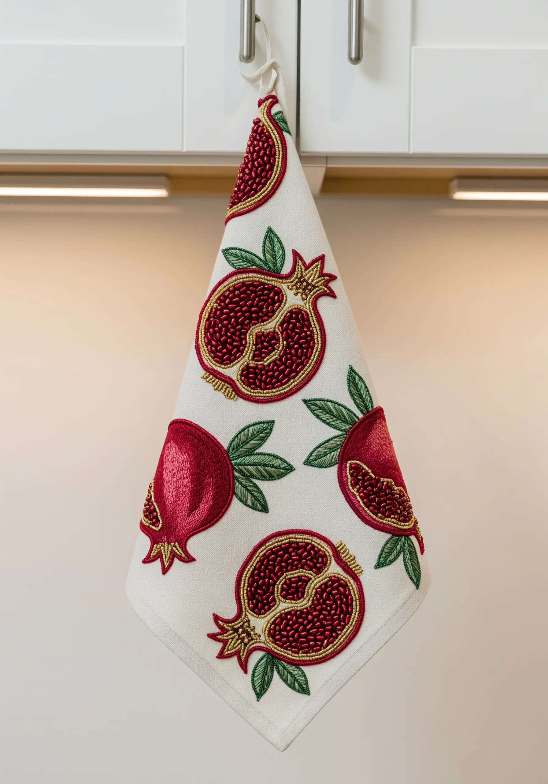 A kitchen towel decorated with embroidered pomegranates filled with red beads.