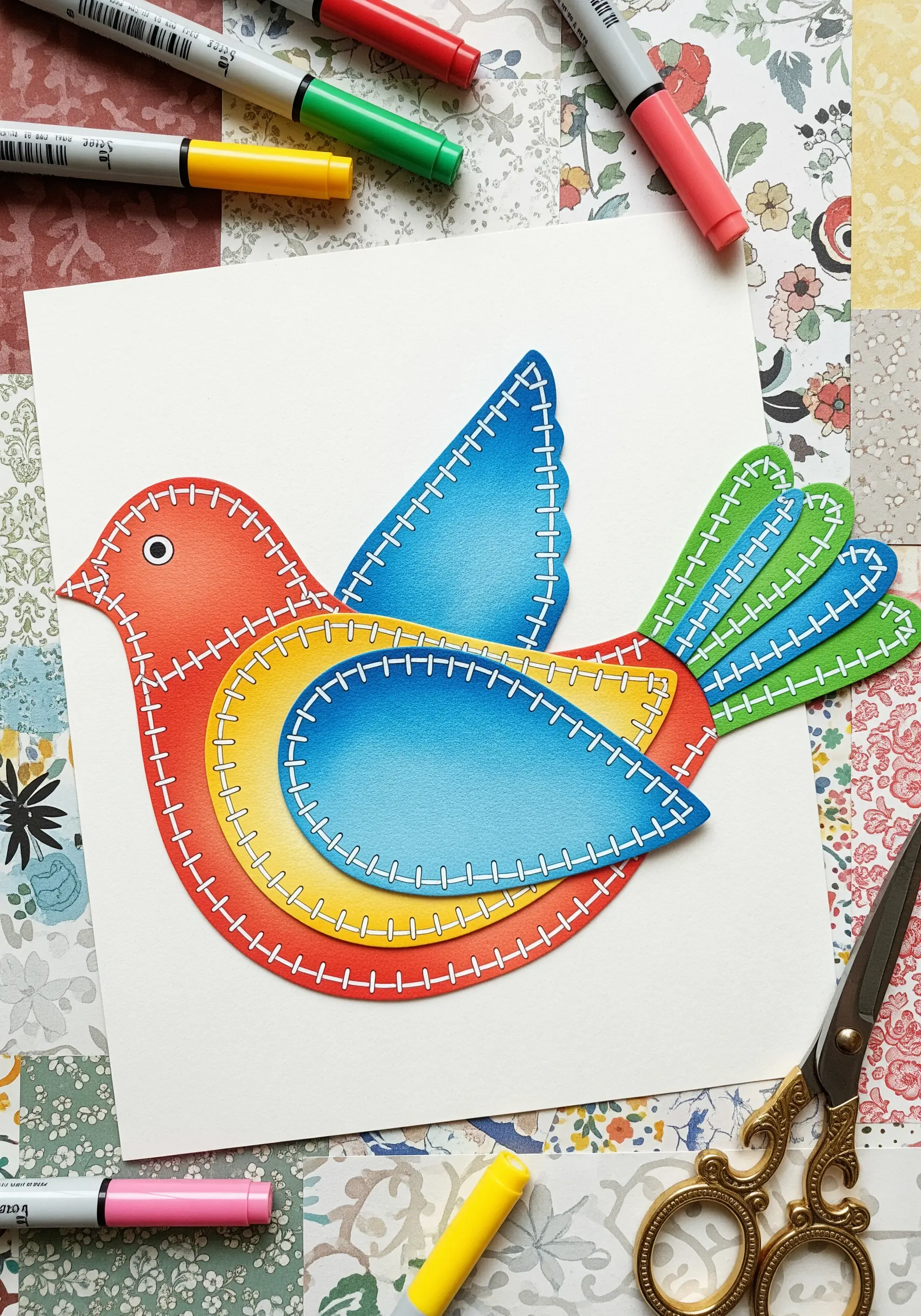 A colorful bird made from layered paper sections, with hand-drawn white blanket stitches on the edges.
